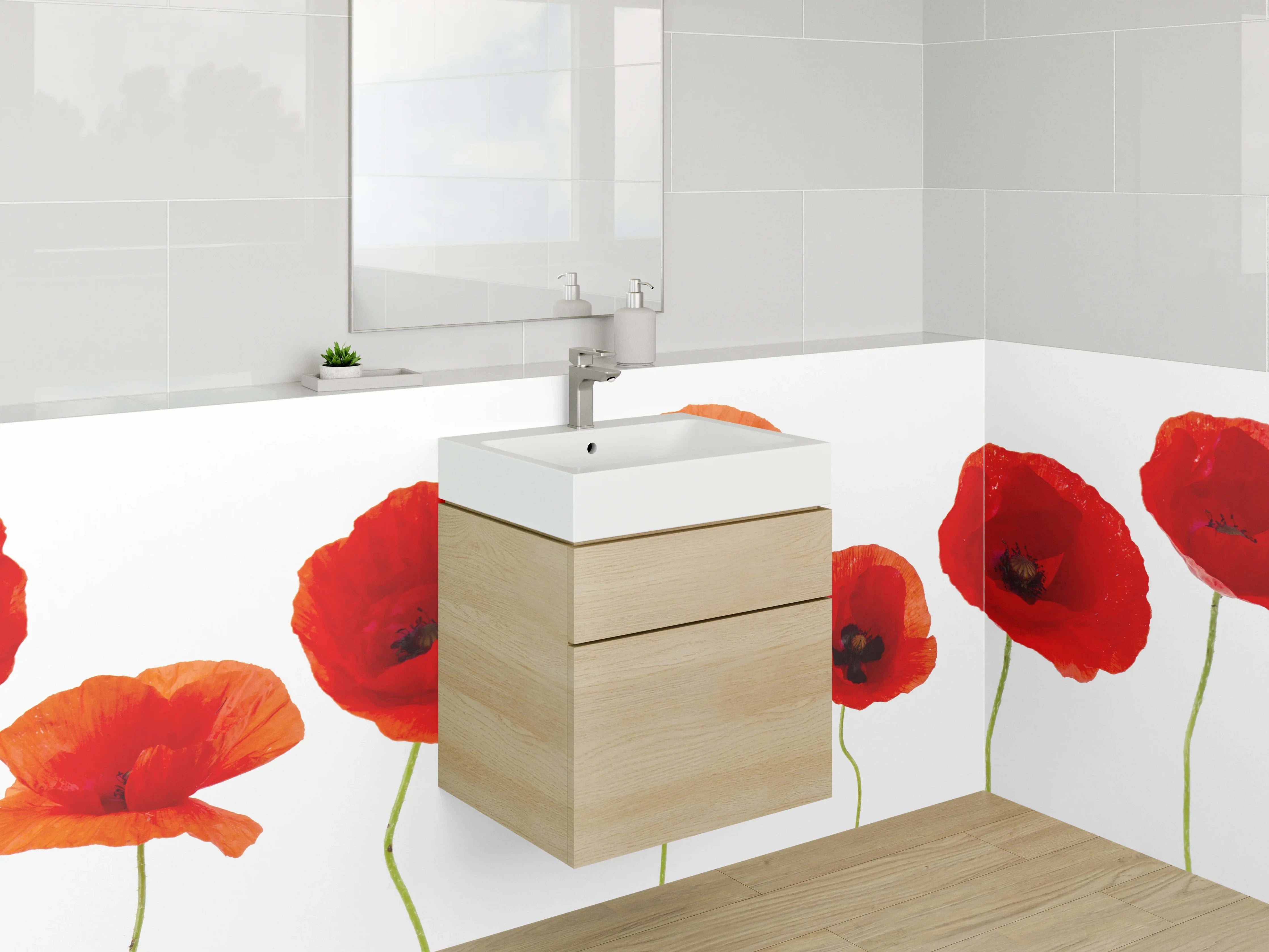 Waschbecken-Rückwand - Mohnblumen auf Weiß – Florale Eleganz