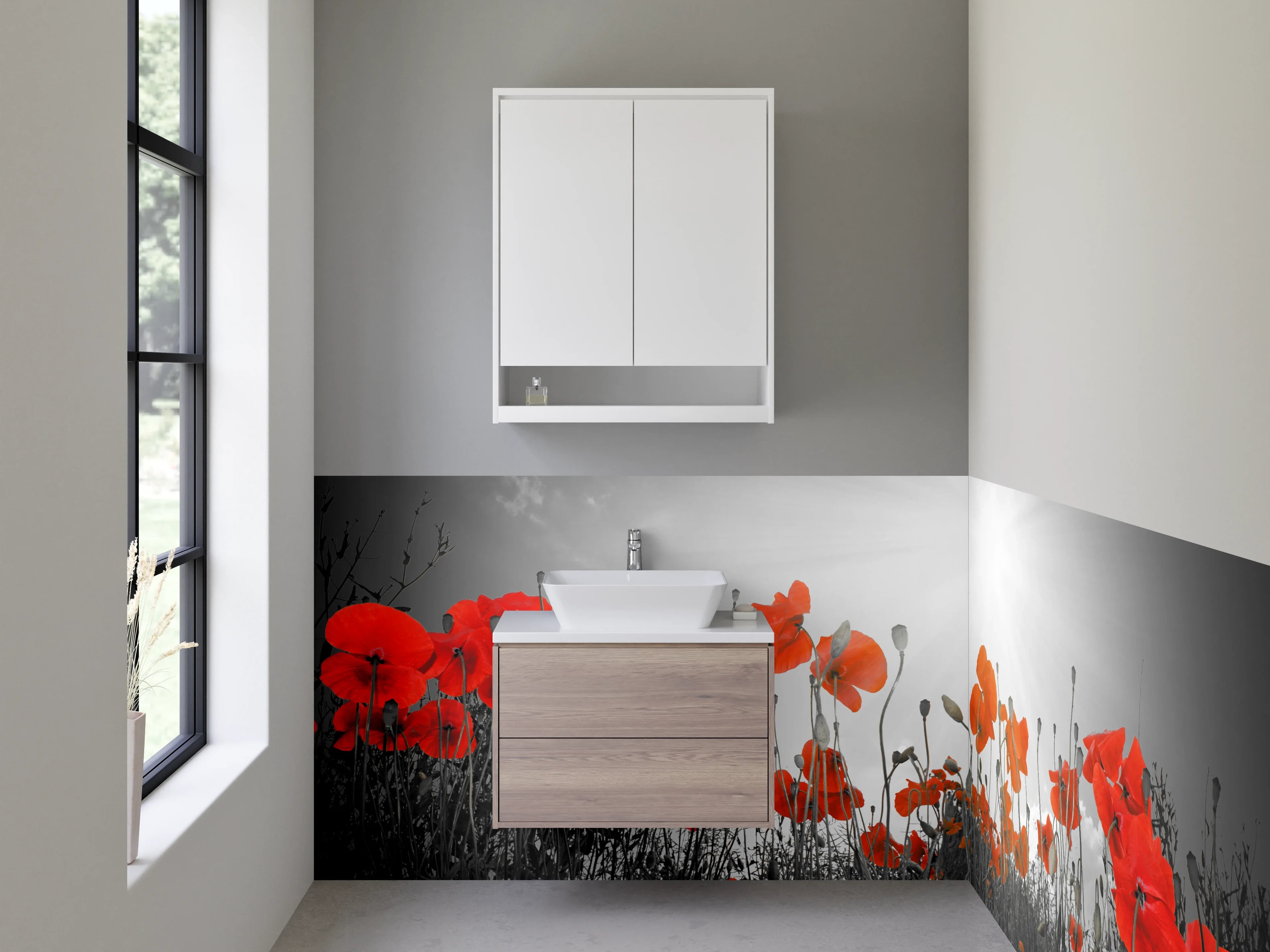 Waschbecken-Rückwand - Mohnblumen im Sonnenlicht – Schwarz-Weiß-Design