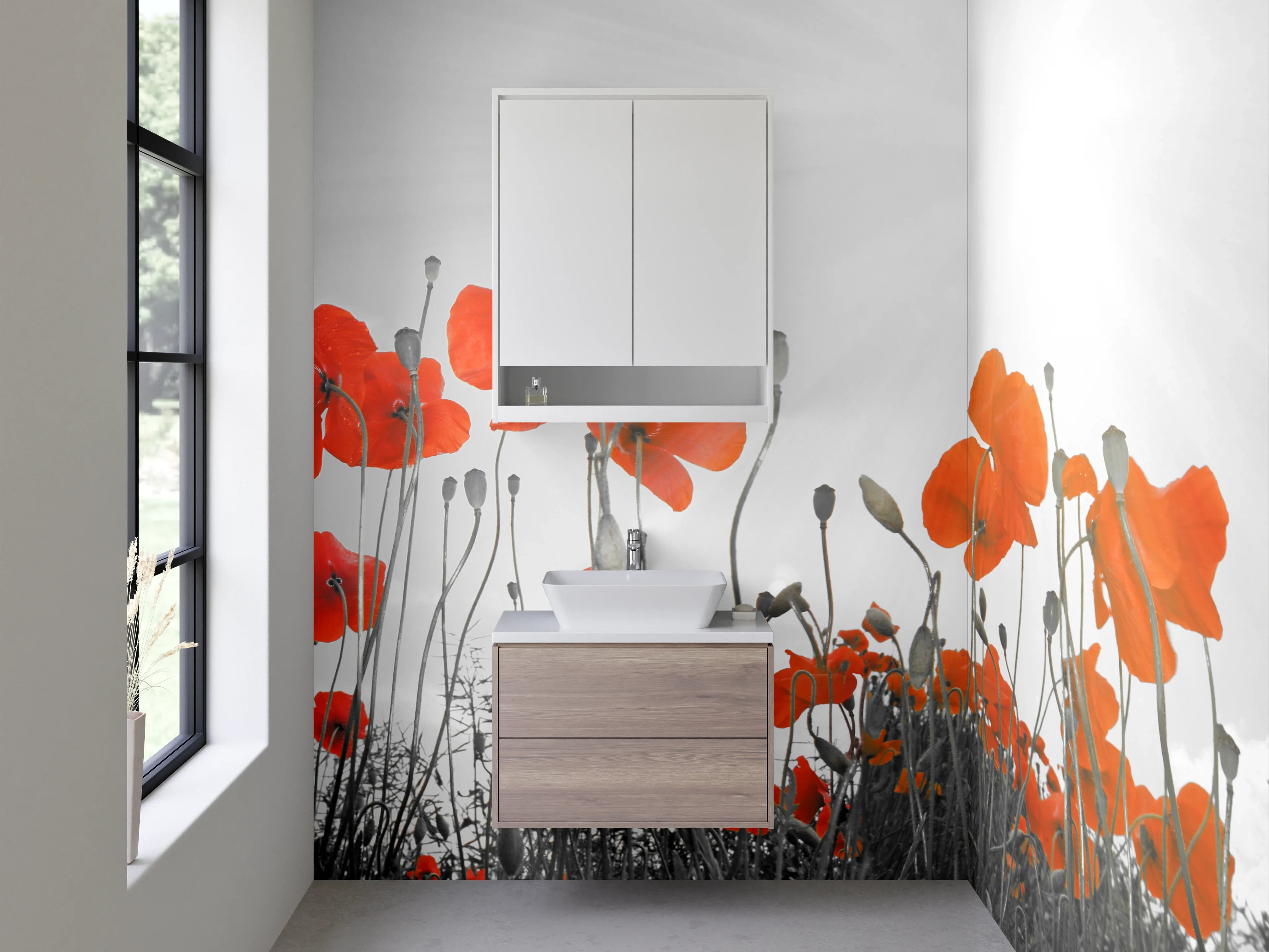 Waschbecken-Rückwand - Mohnblumen im Sonnenlicht – Schwarz-Weiß-Design