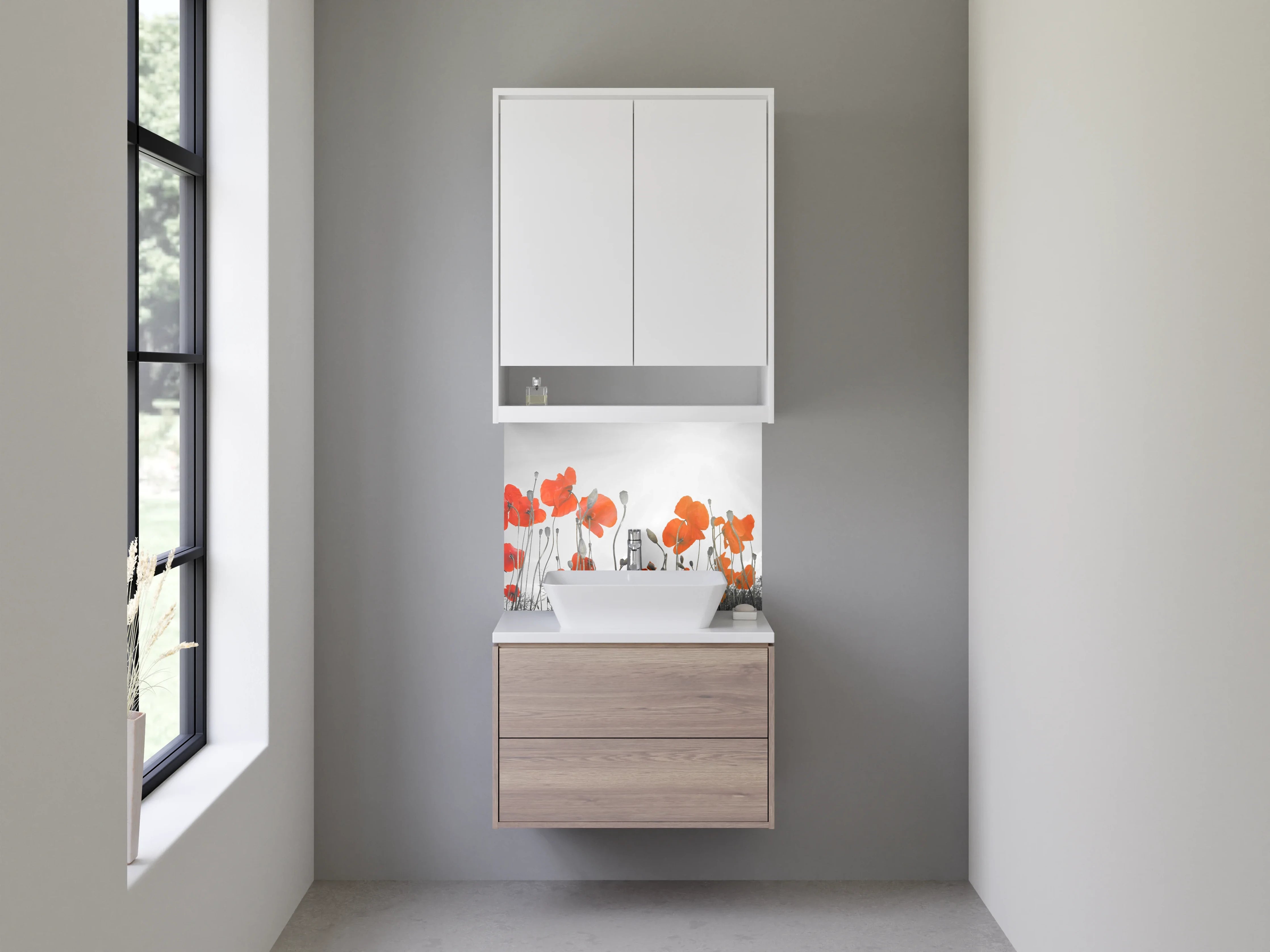 Waschbecken-Rückwand - Mohnblumen im Sonnenlicht – Schwarz-Weiß-Design
