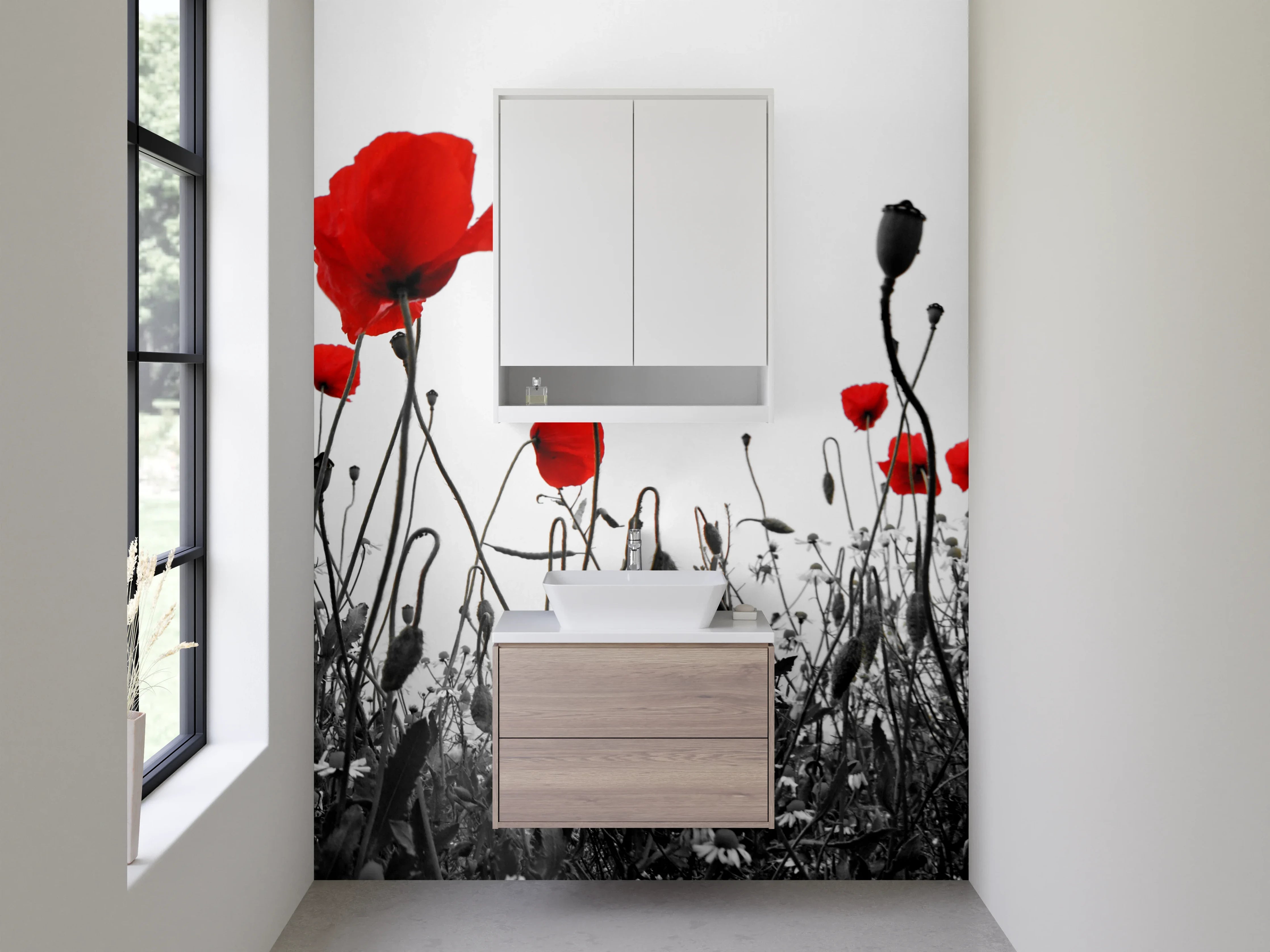 Waschbecken-Rückwand - Mohnblumen in Schwarz-Weiß mit Rot