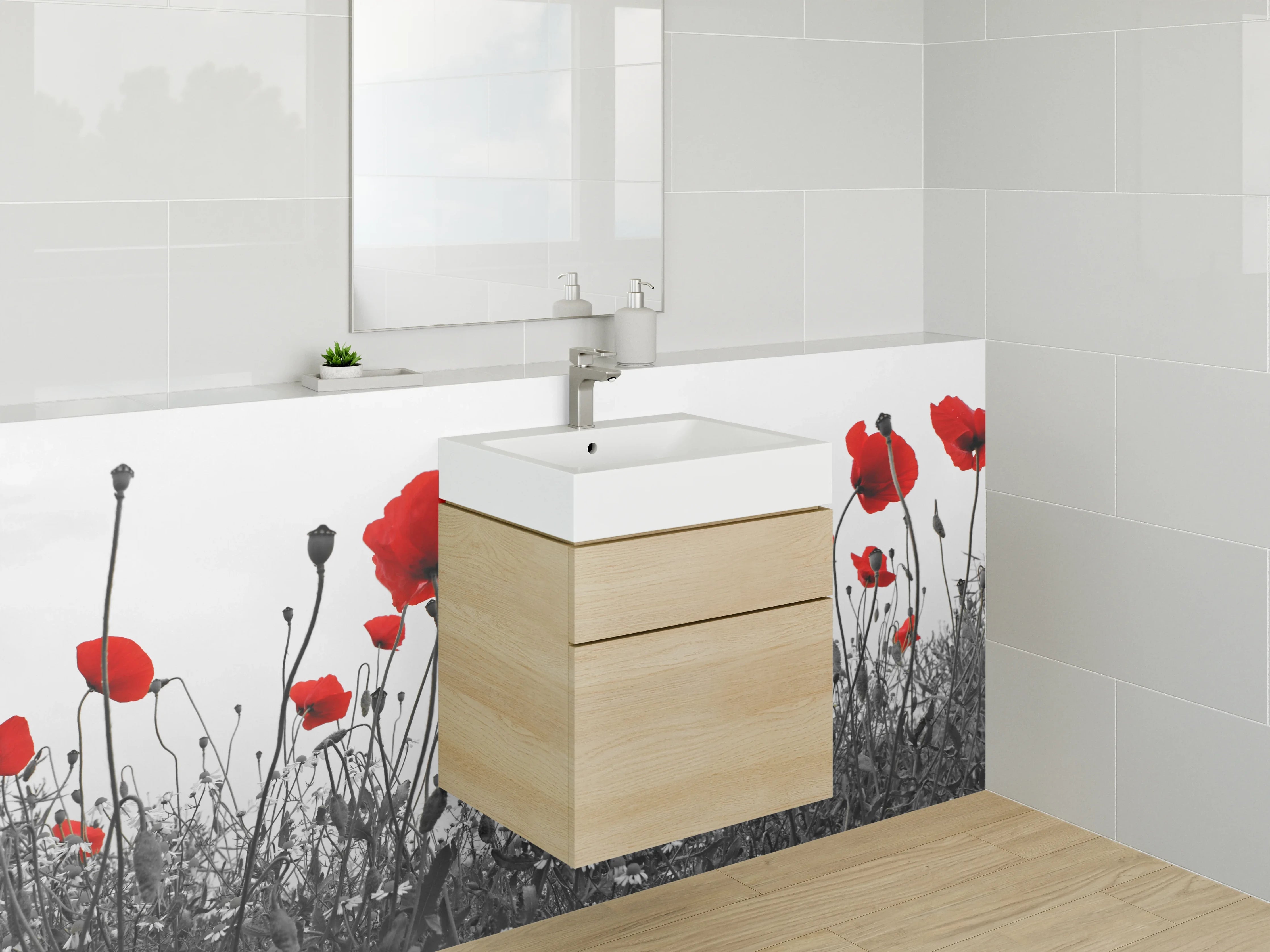 Waschbecken-Rückwand - Mohnblumen in Schwarz-Weiß mit Rot