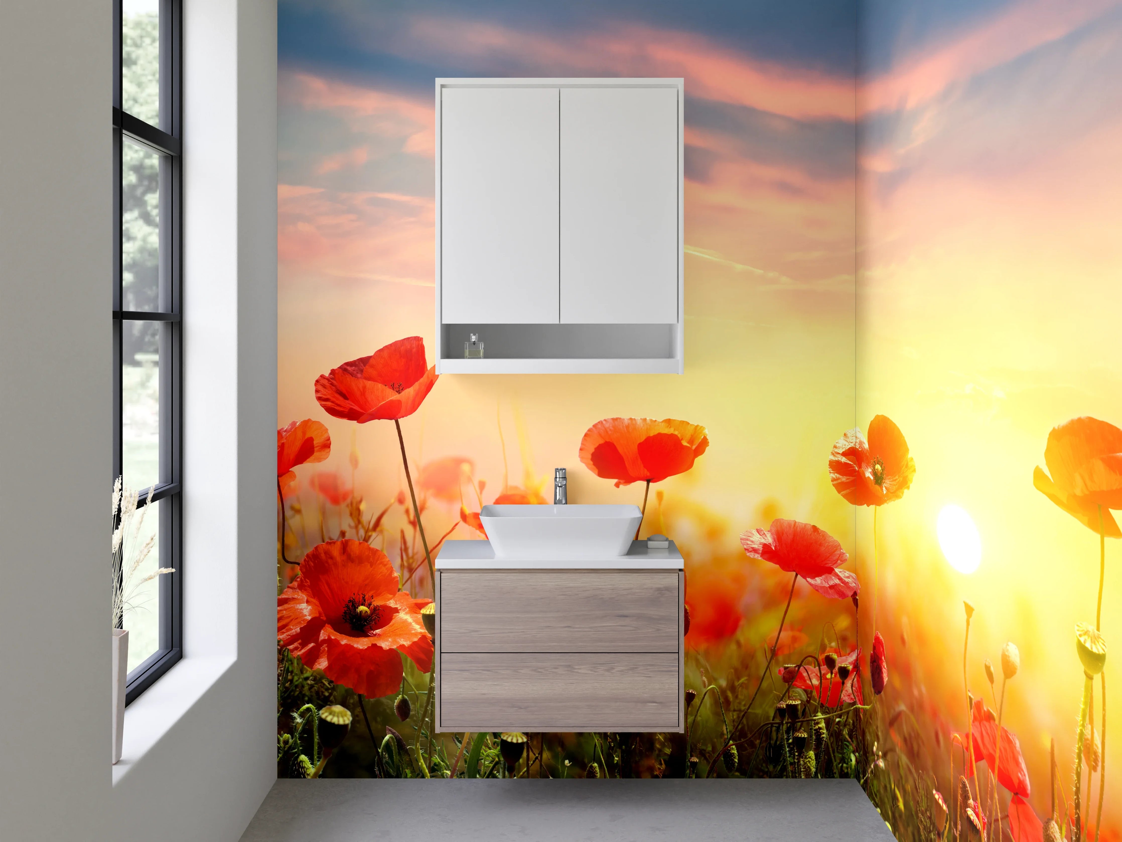 Waschbecken-Rückwand - Mohnblumenfeld Sonnenaufgang Landschaft