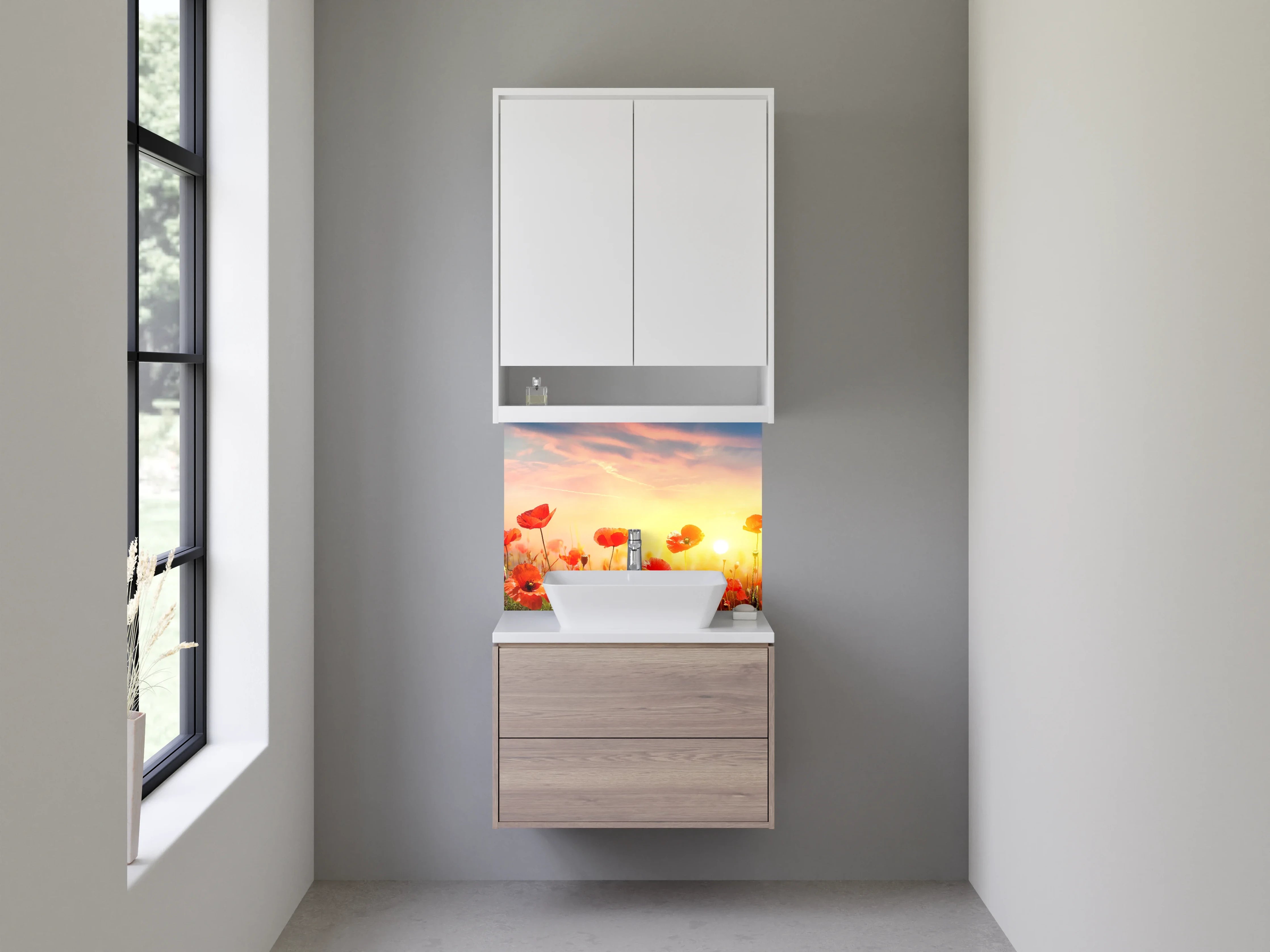 Waschbecken-Rückwand - Mohnblumenfeld Sonnenaufgang Landschaft