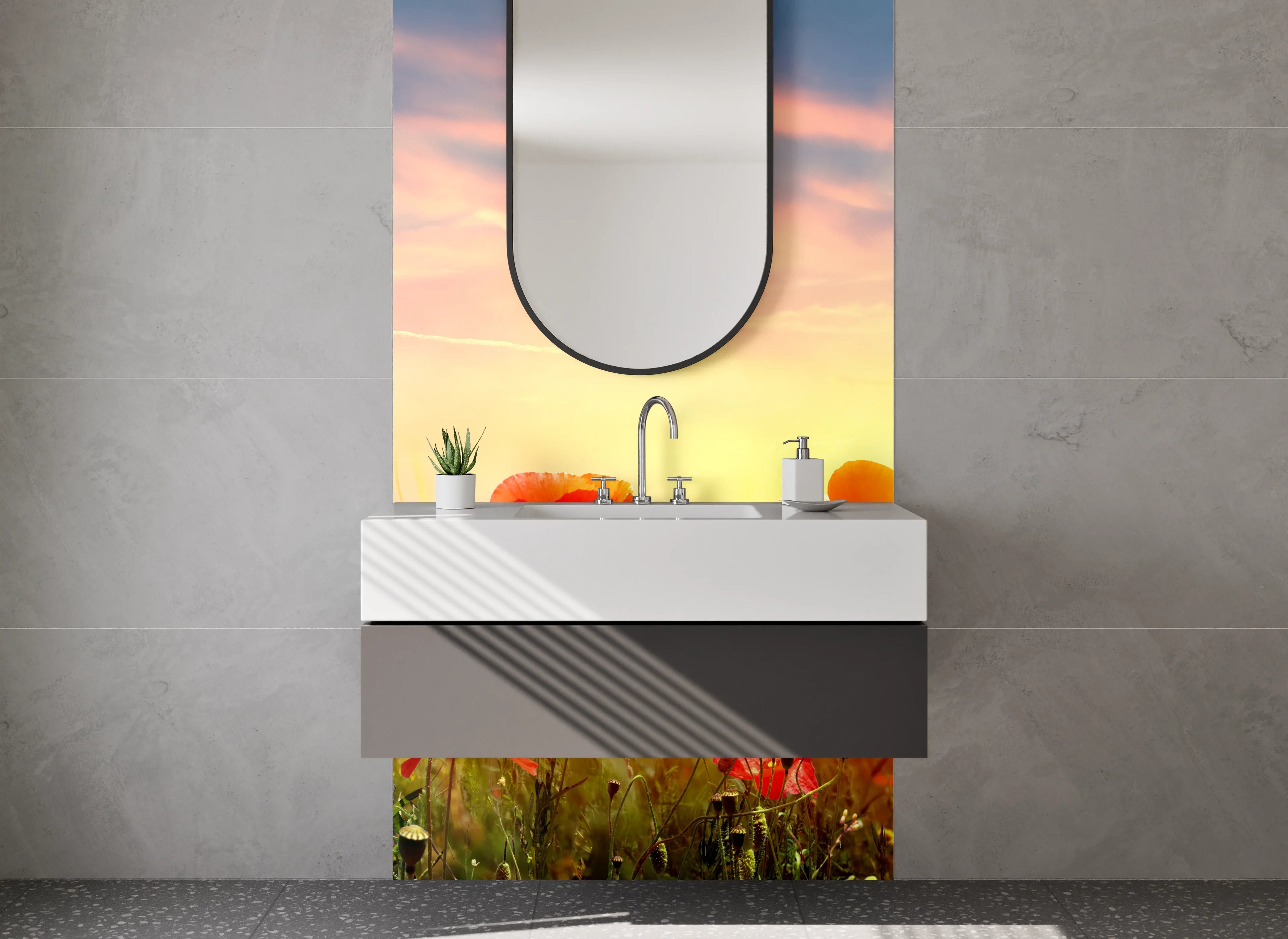 Waschbecken-Rückwand - Mohnblumenfeld Sonnenaufgang Landschaft