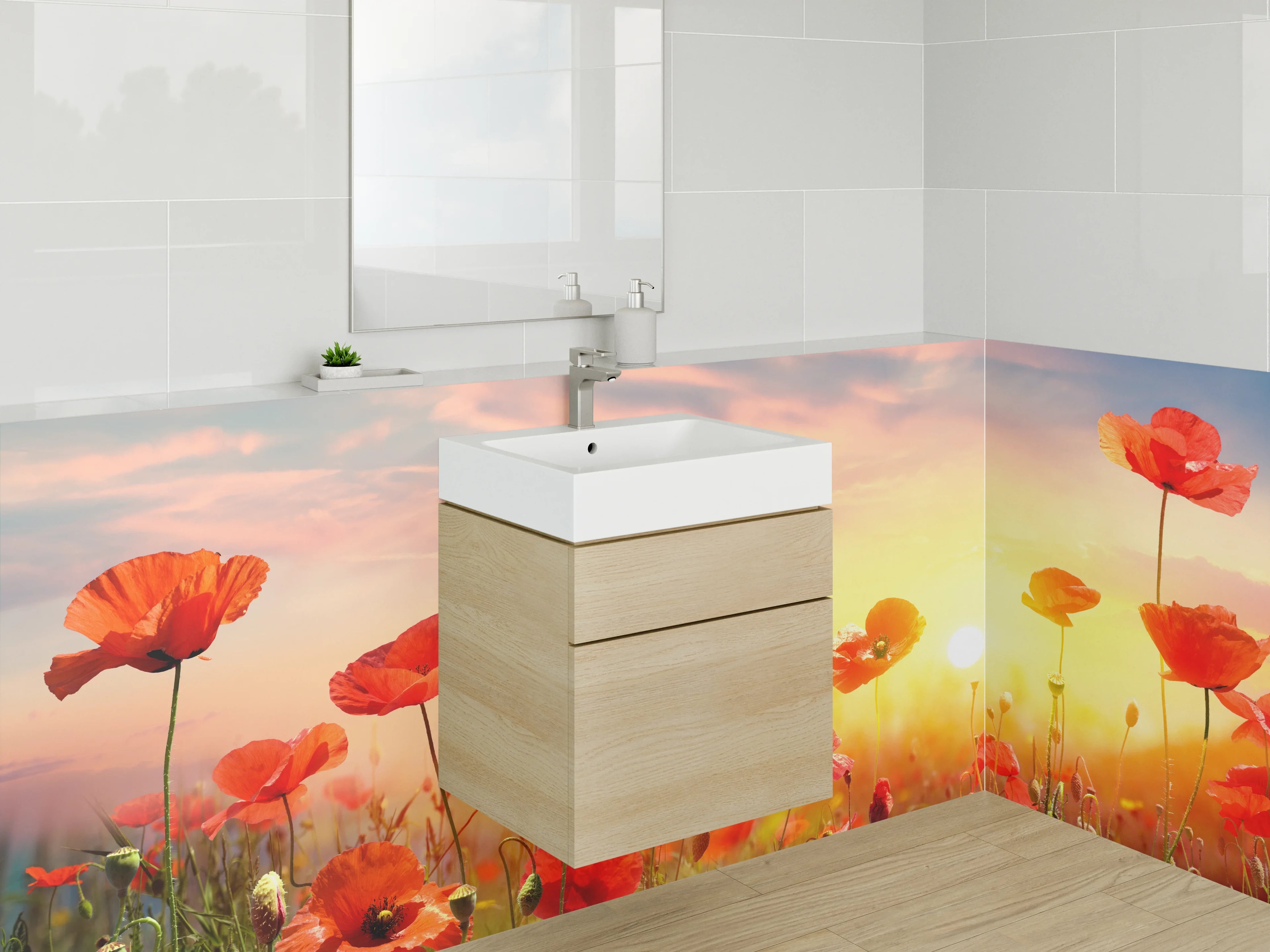 Waschbecken-Rückwand - Mohnblumenfeld Sonnenaufgang Landschaft