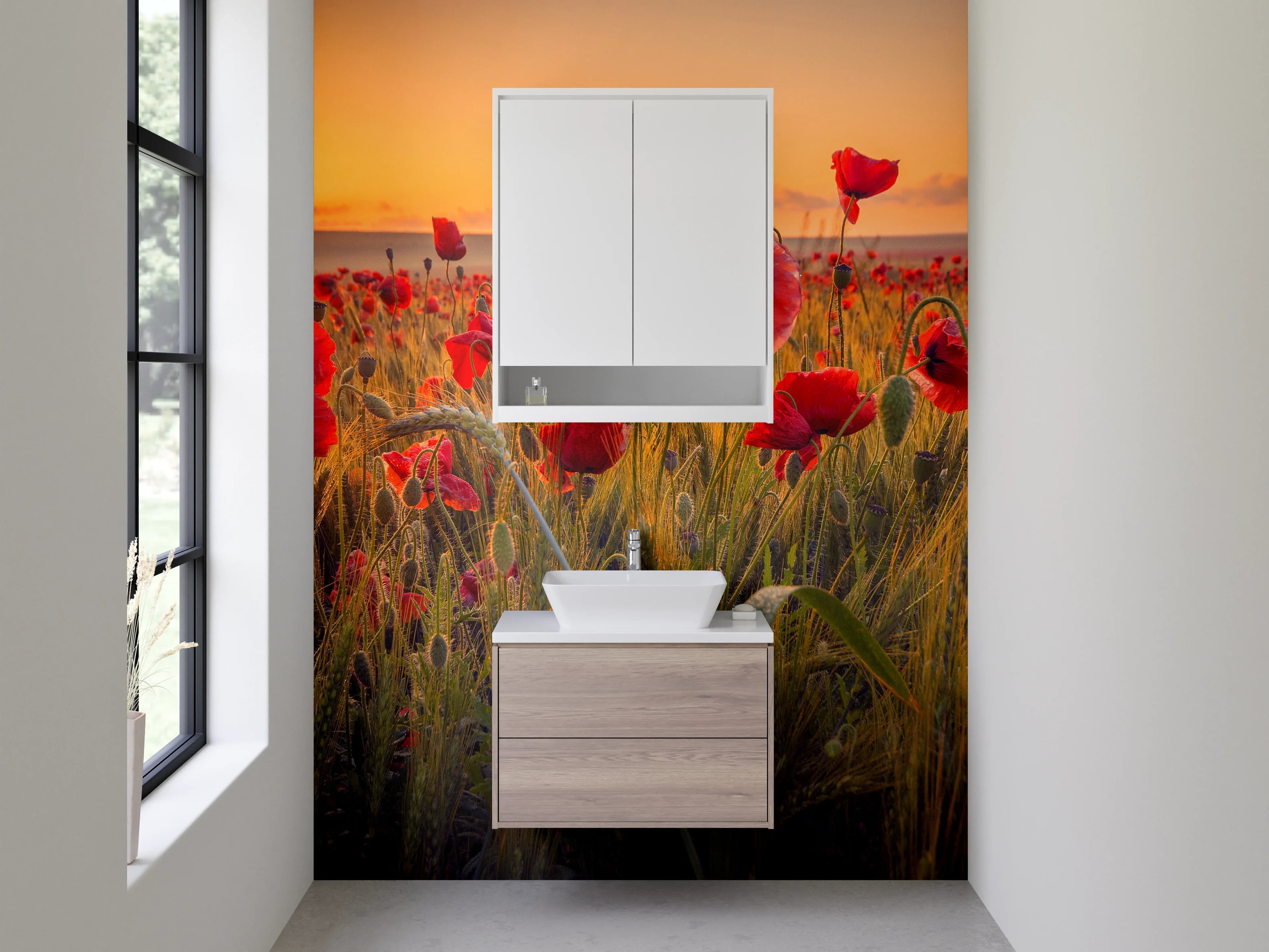Waschbecken-Rückwand - Mohnblumenfeld Sonnenuntergang Natur