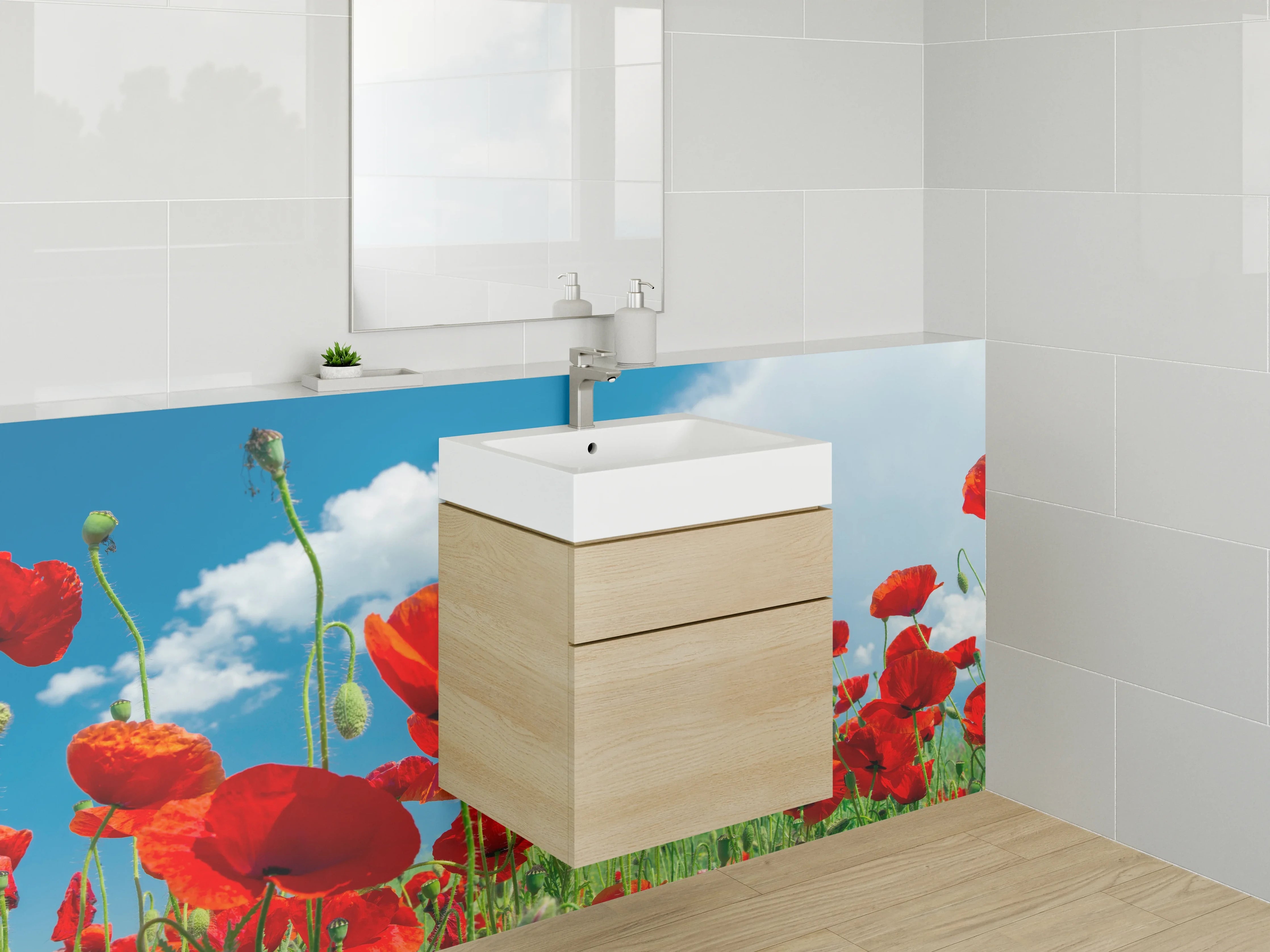 Waschbecken-Rückwand - Mohnblumenfeld unter blauem Himmel