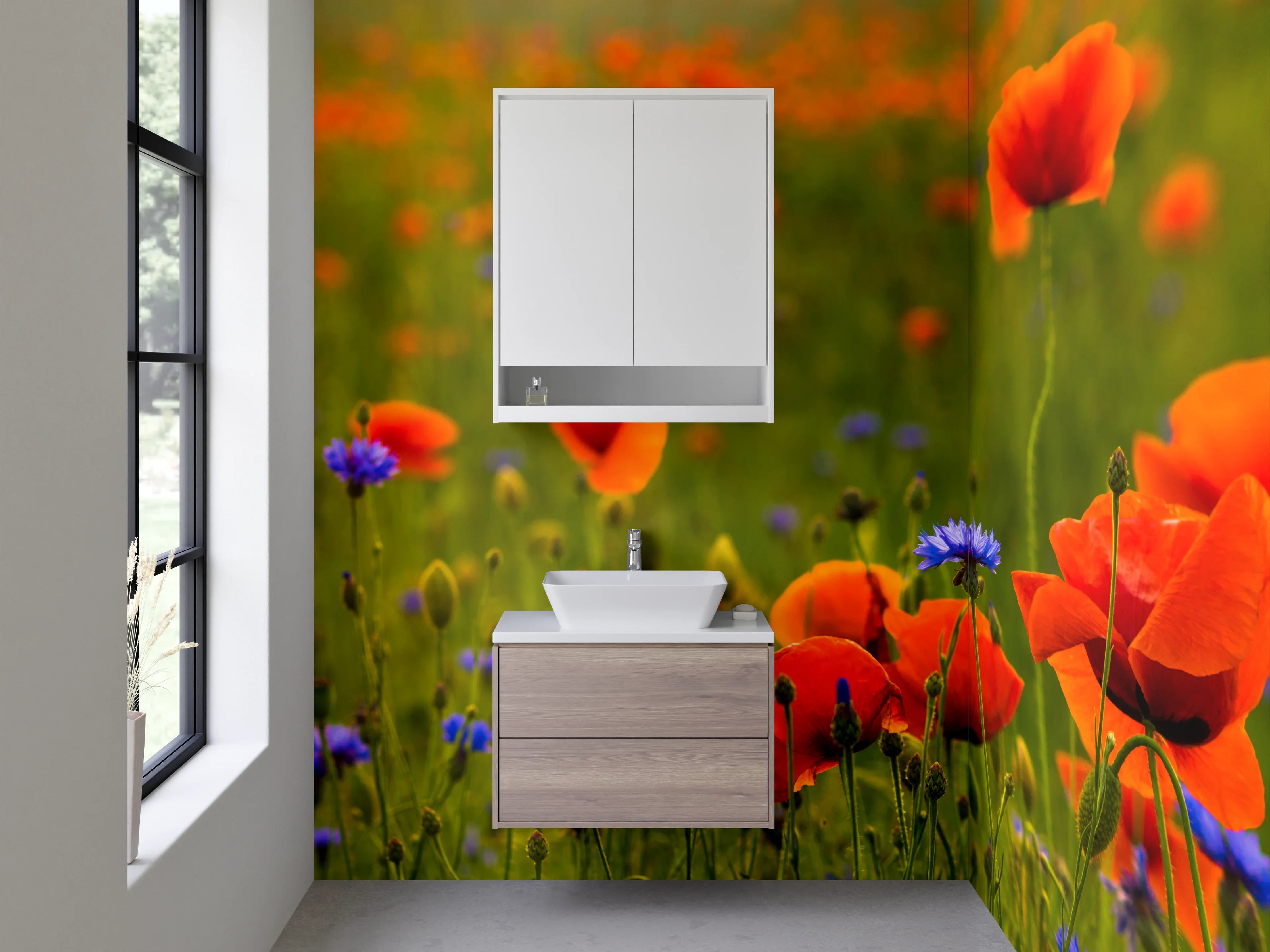 Waschbecken-Rückwand - Mohnwiese mit Kornblumen Motiv