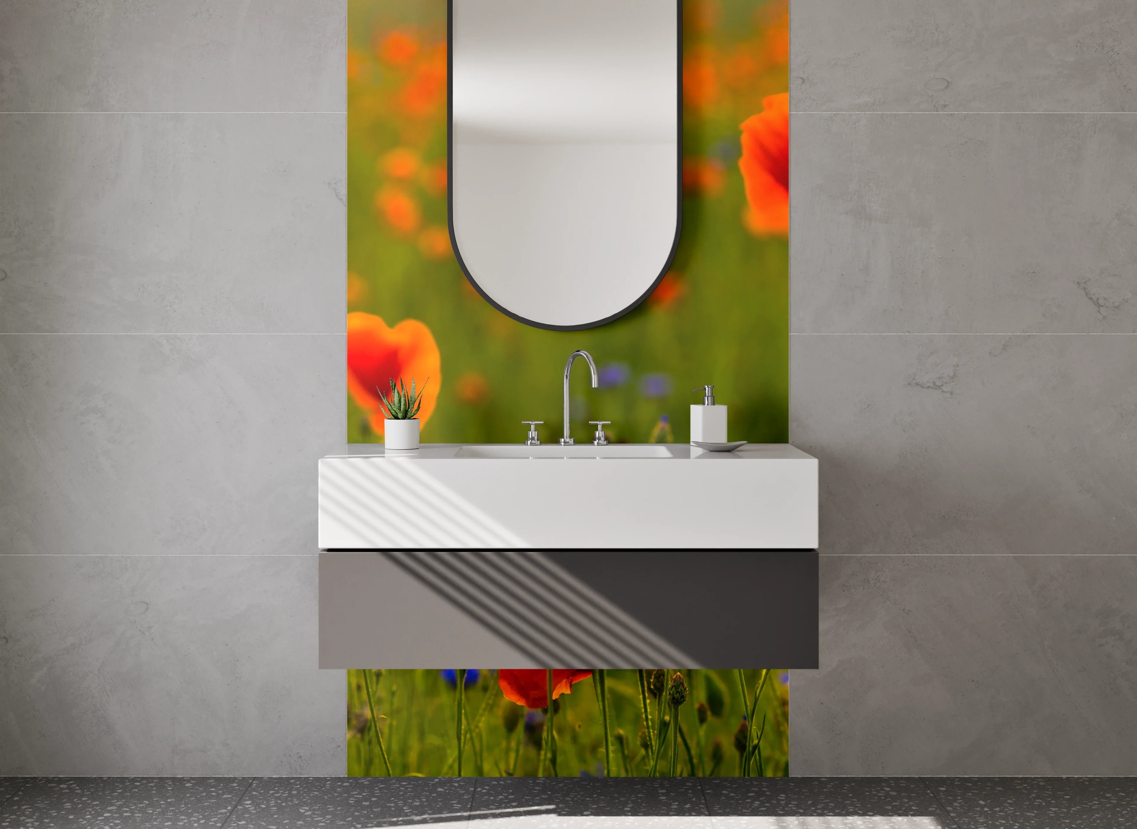 Waschbecken-Rückwand - Mohnwiese mit Kornblumen Motiv