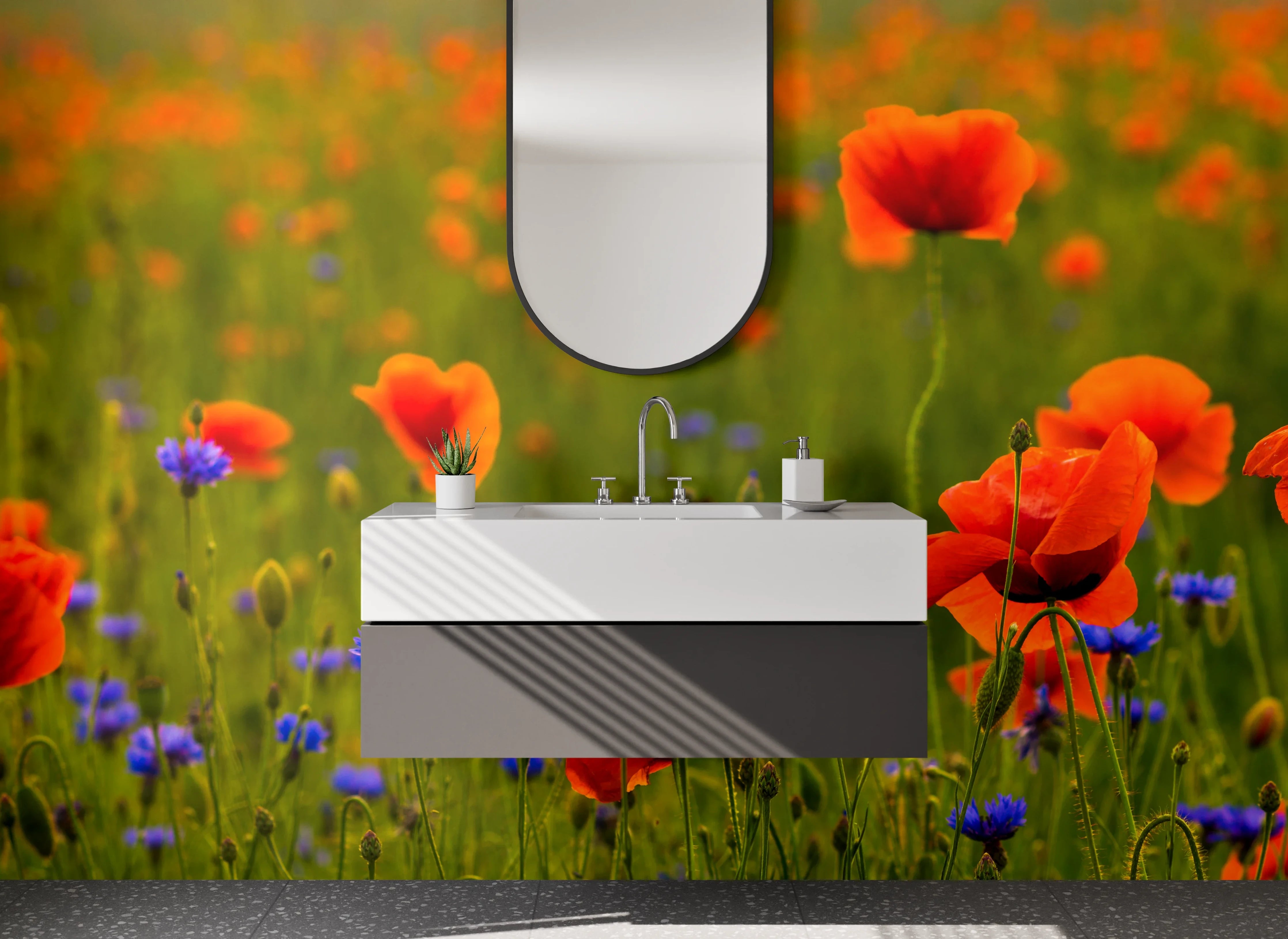 Waschbecken-Rückwand - Mohnwiese mit Kornblumen Motiv