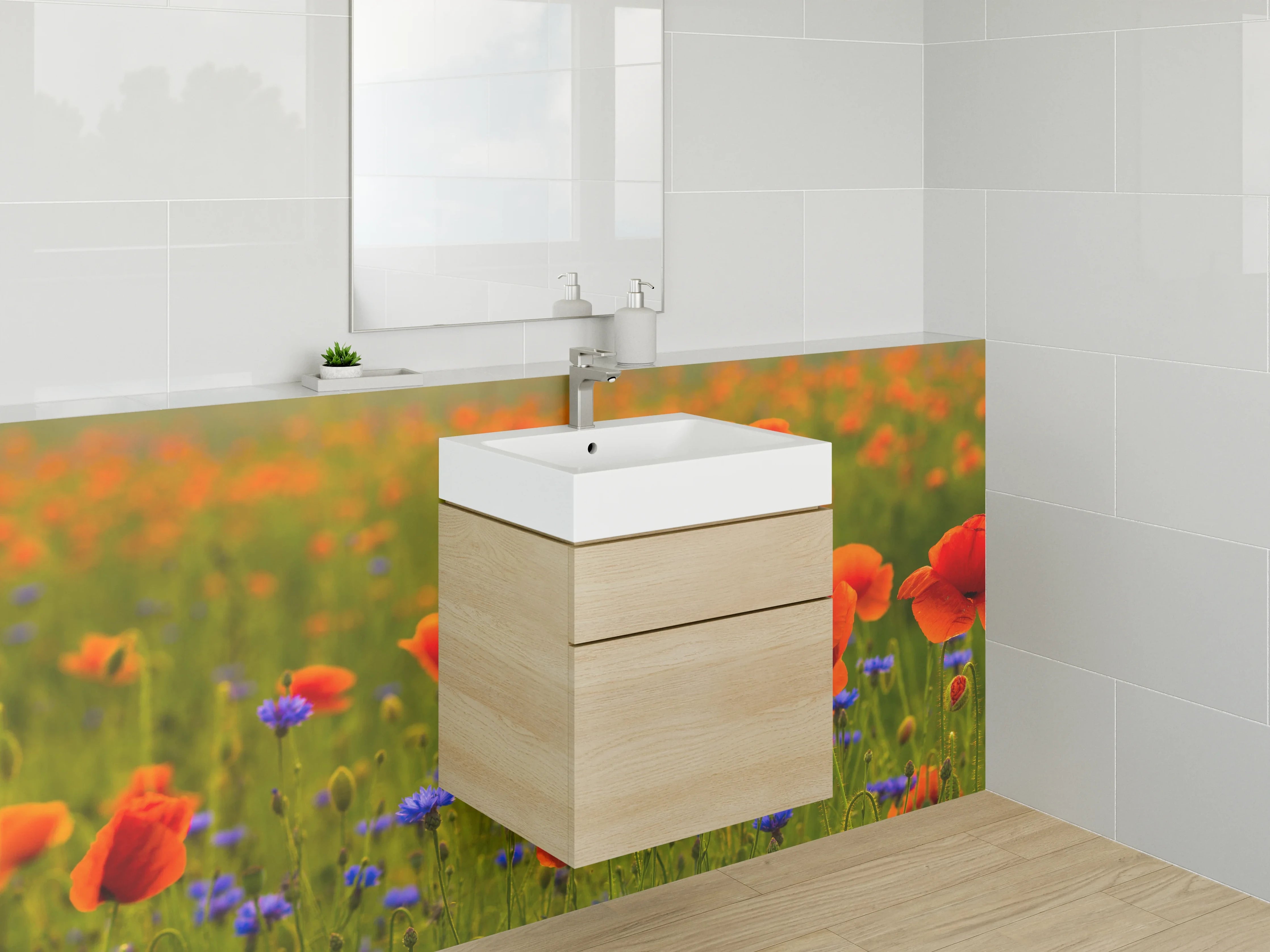 Waschbecken-Rückwand - Mohnwiese mit Kornblumen Motiv