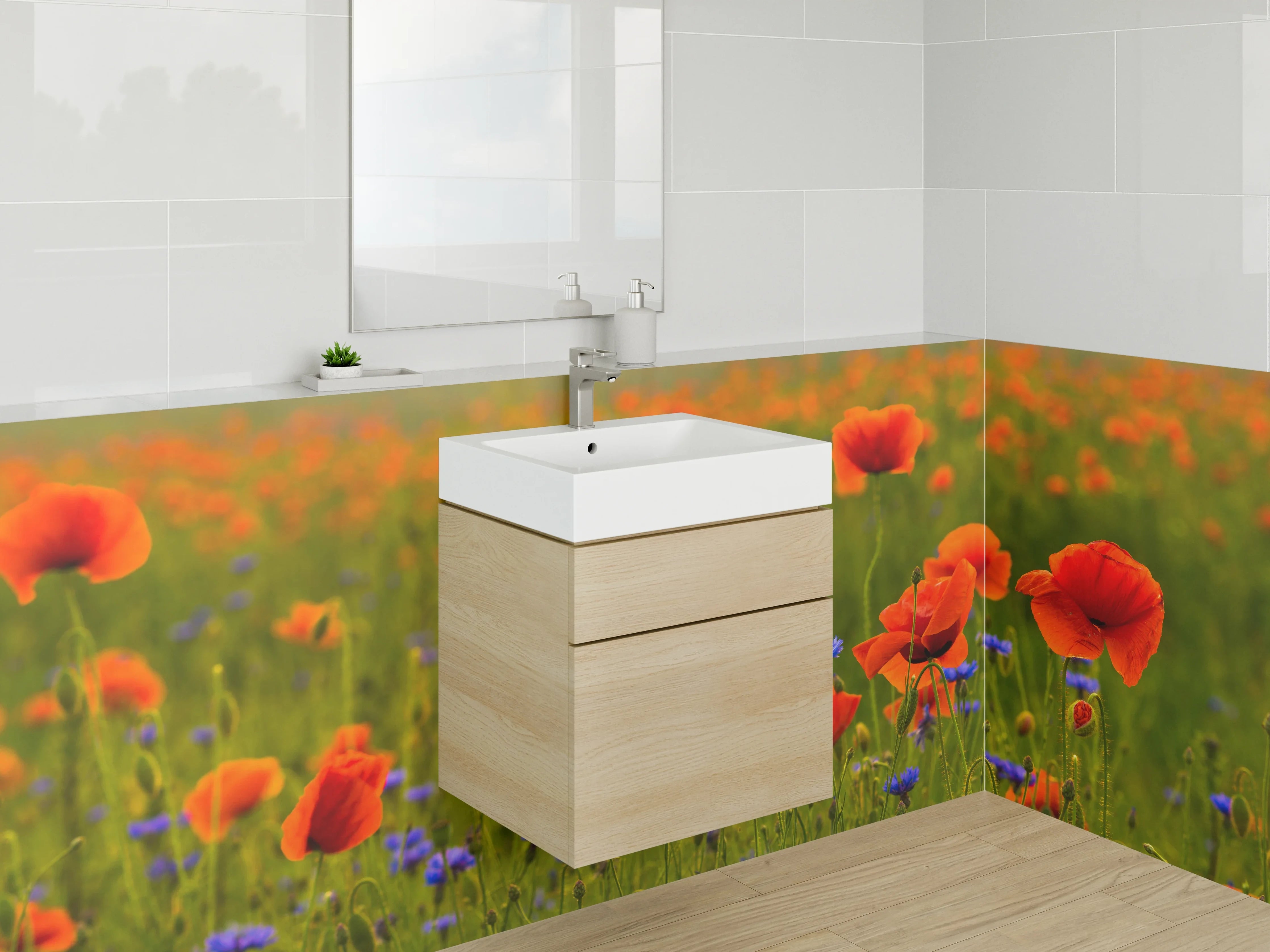 Waschbecken-Rückwand - Mohnwiese mit Kornblumen Motiv