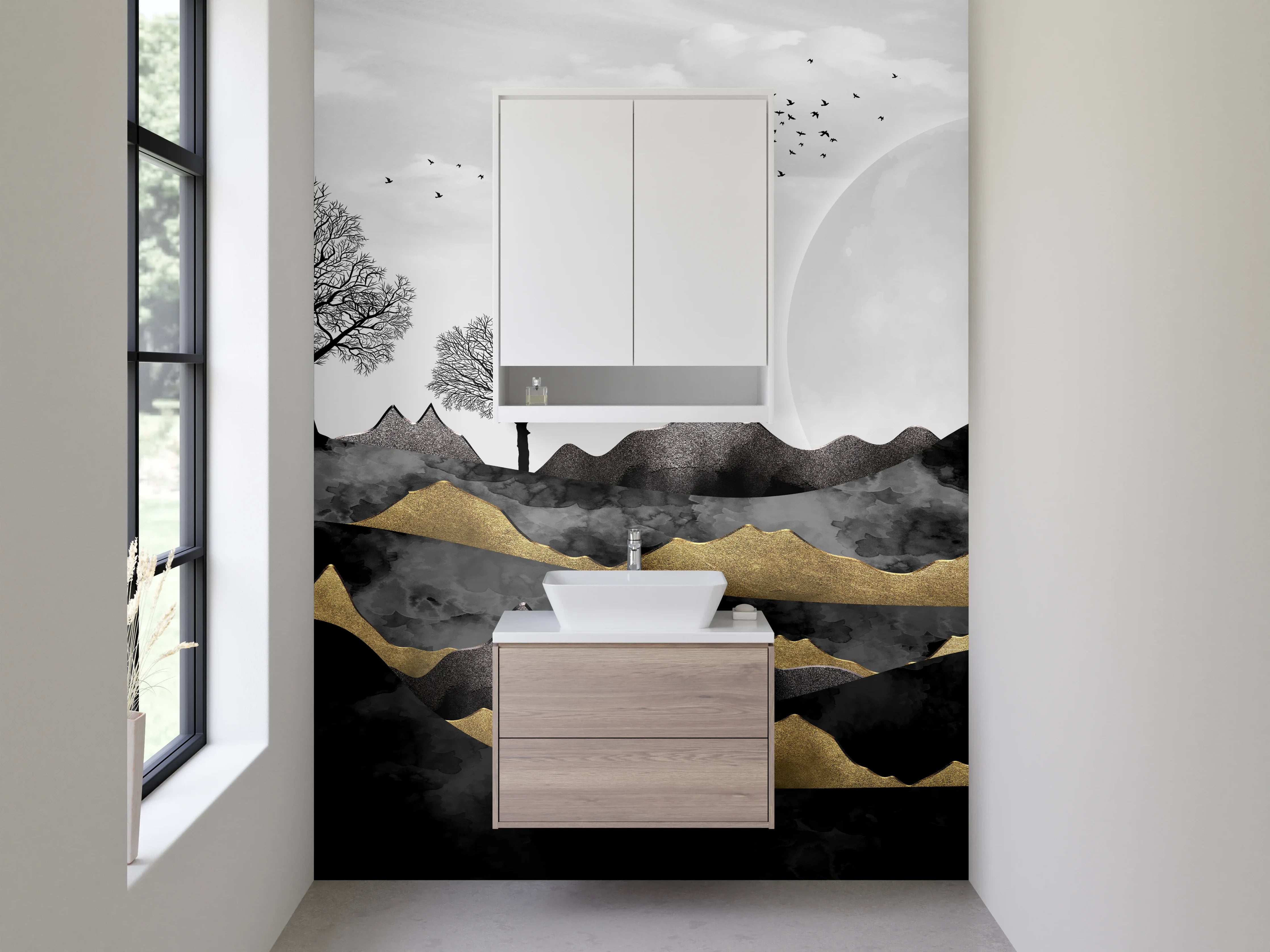 Waschbecken-Rückwand - Monochrome Naturlandschaft mit Bäumen und Bergkette