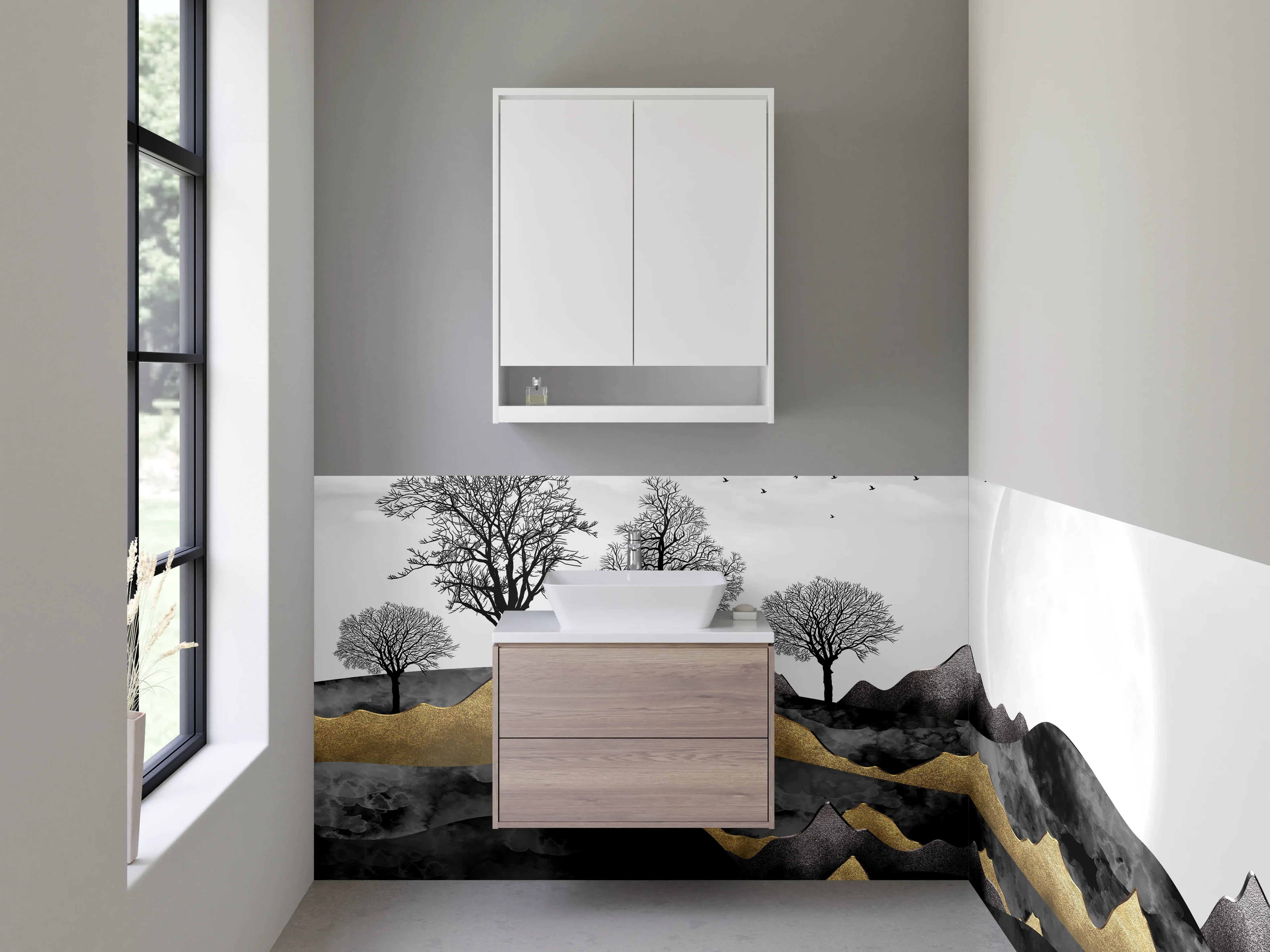 Waschbecken-Rückwand - Monochrome Naturlandschaft mit Bäumen und Bergkette