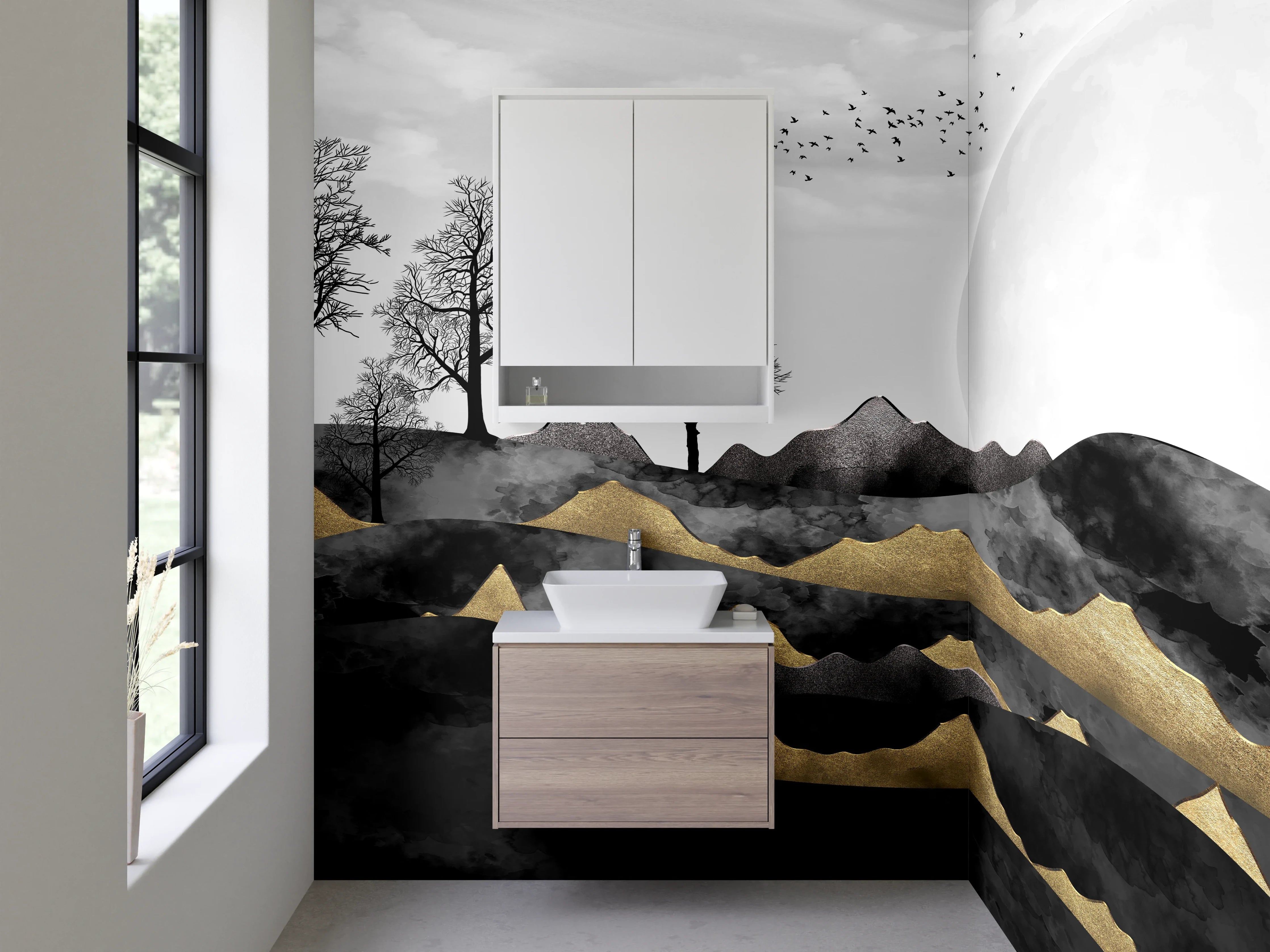 Waschbecken-Rückwand - Monochrome Naturlandschaft mit Bäumen und Bergkette