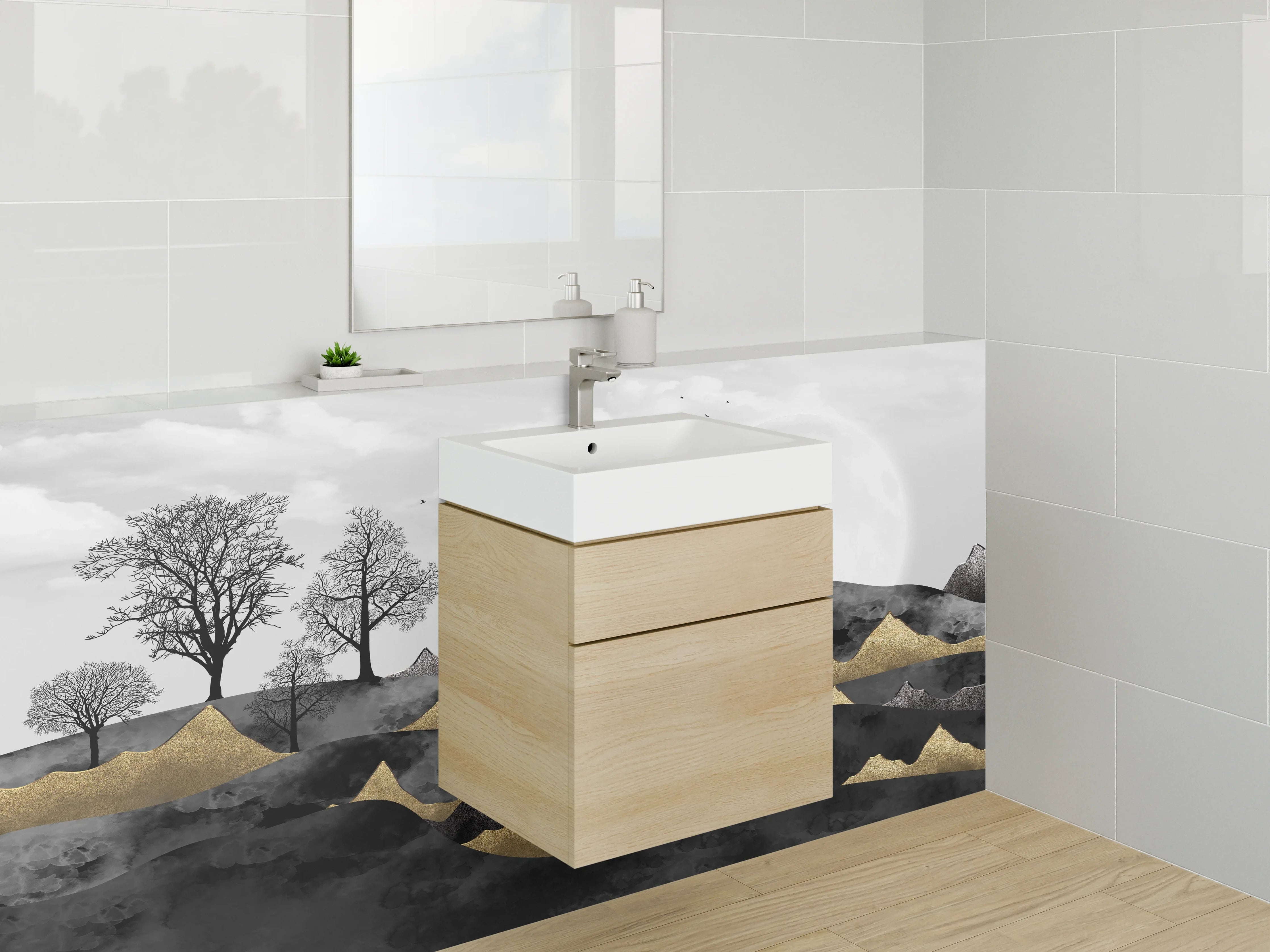 Waschbecken-Rückwand - Monochrome Naturlandschaft mit Bäumen und Bergkette