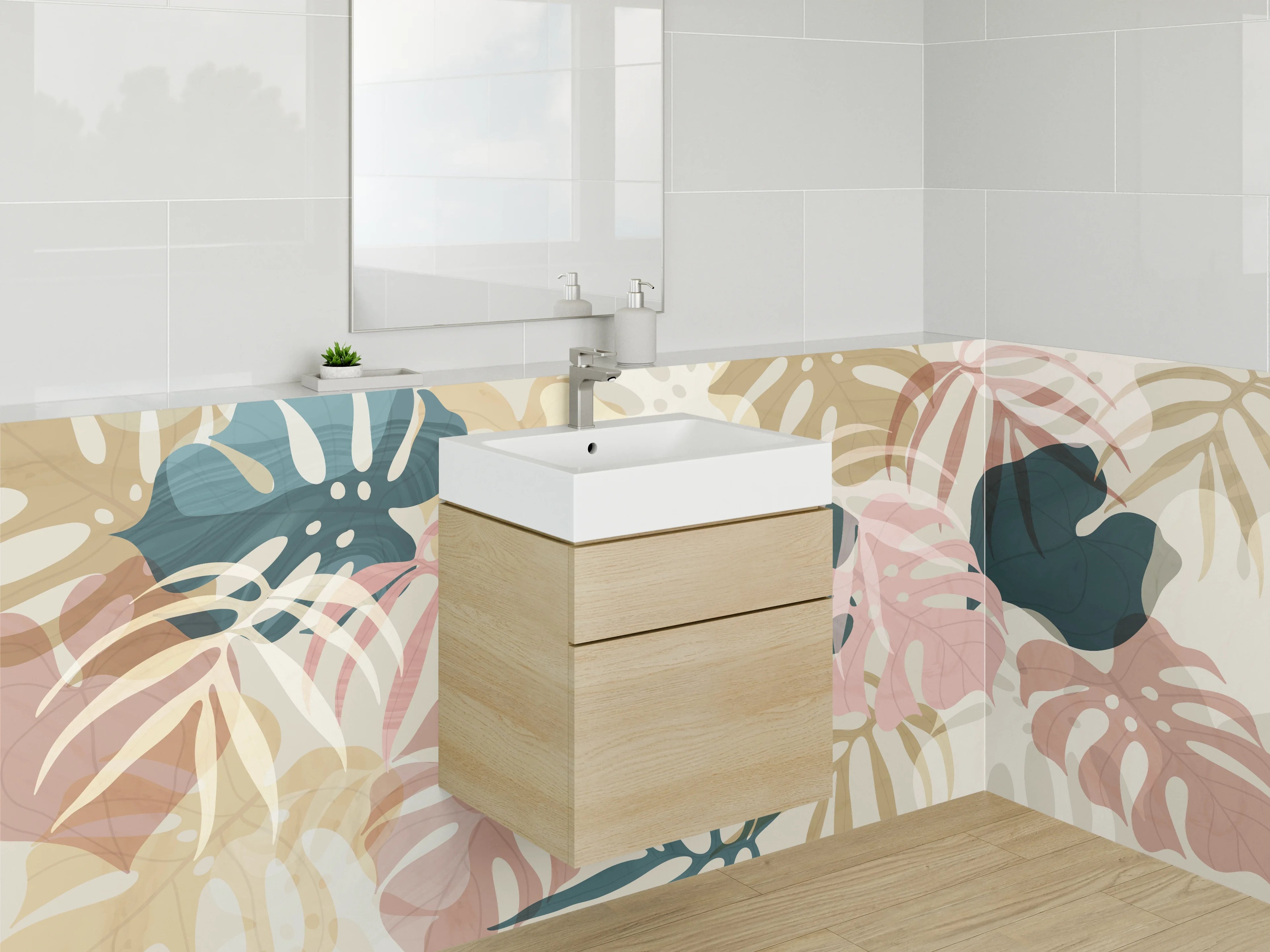 Waschbecken-Rückwand - Monstera Blätter Aquarell Design