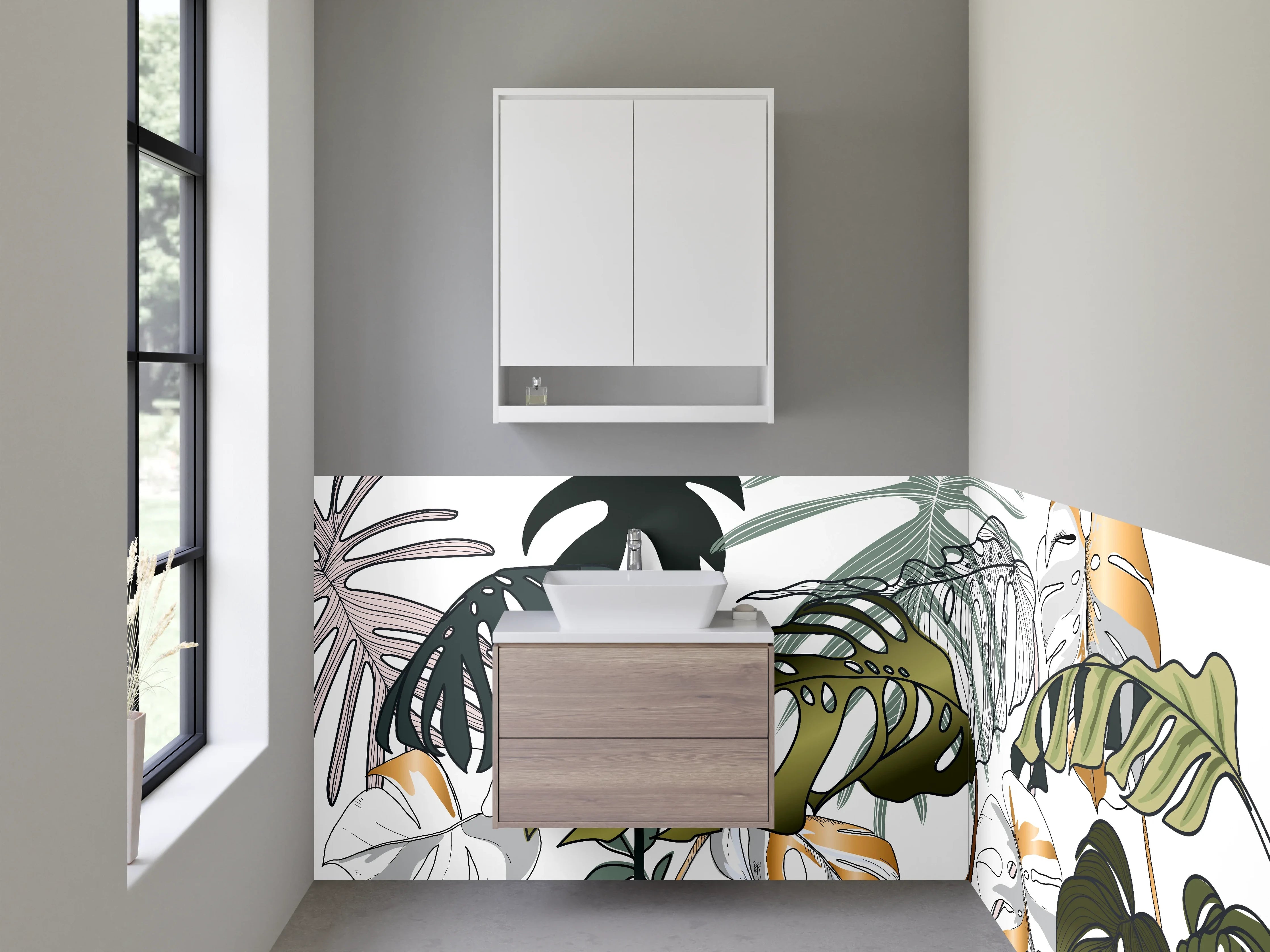 Waschbecken-Rückwand - Monstera Blätter Illustration Dschungel