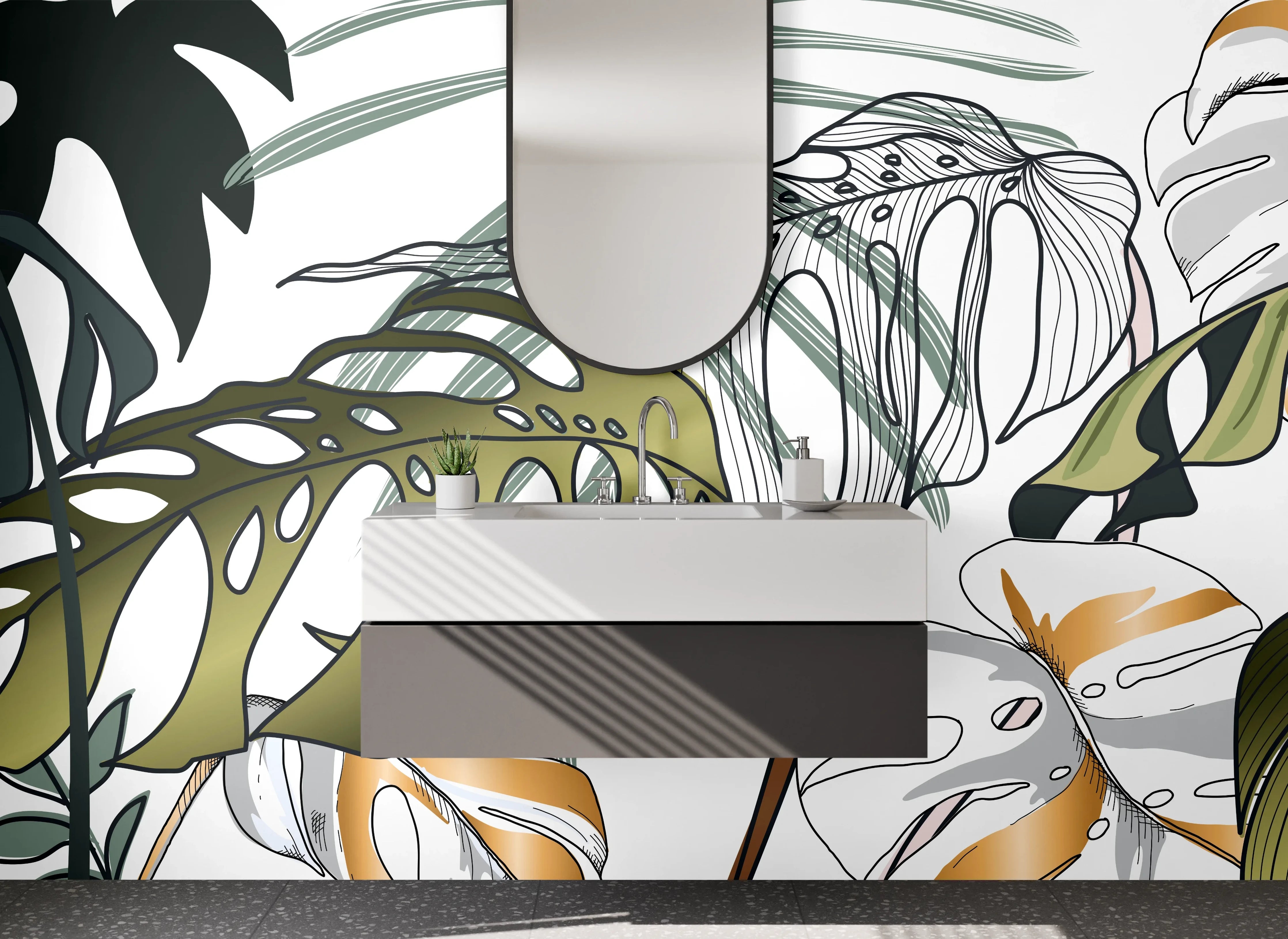 Waschbecken-Rückwand - Monstera Blätter Illustration Dschungel