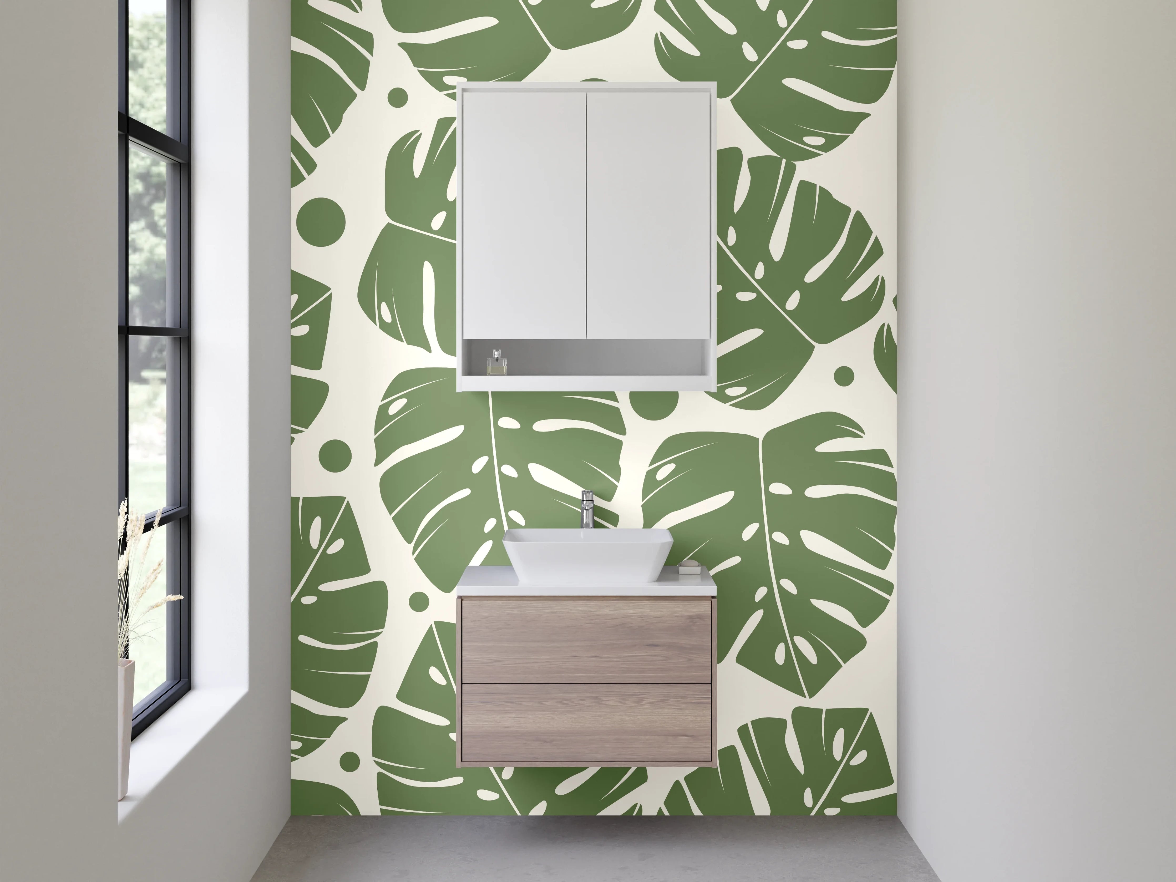 Waschbecken-Rückwand - Monstera Blätter Muster Grün Beige