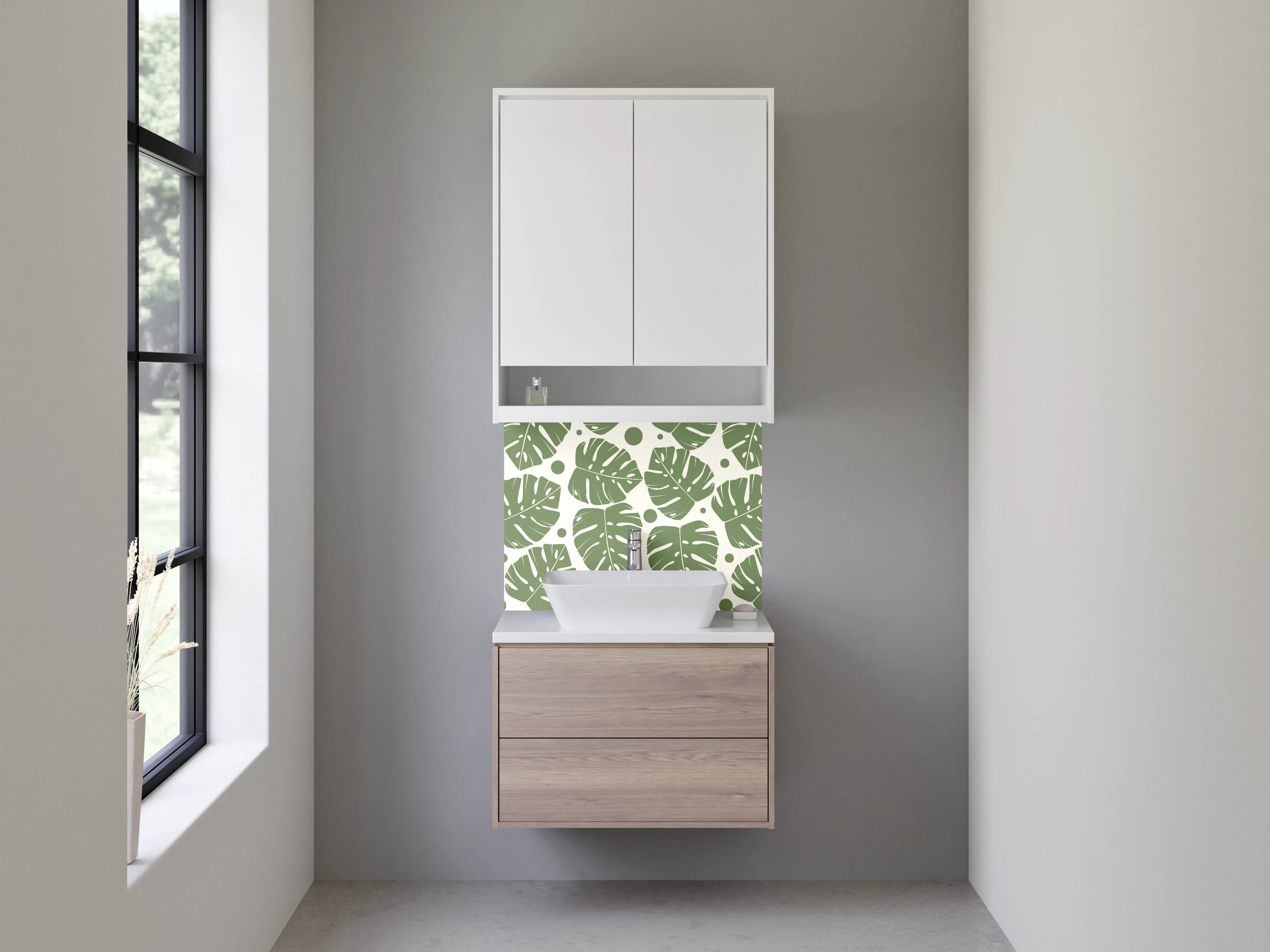 Waschbecken-Rückwand - Monstera Blätter Muster Grün Beige