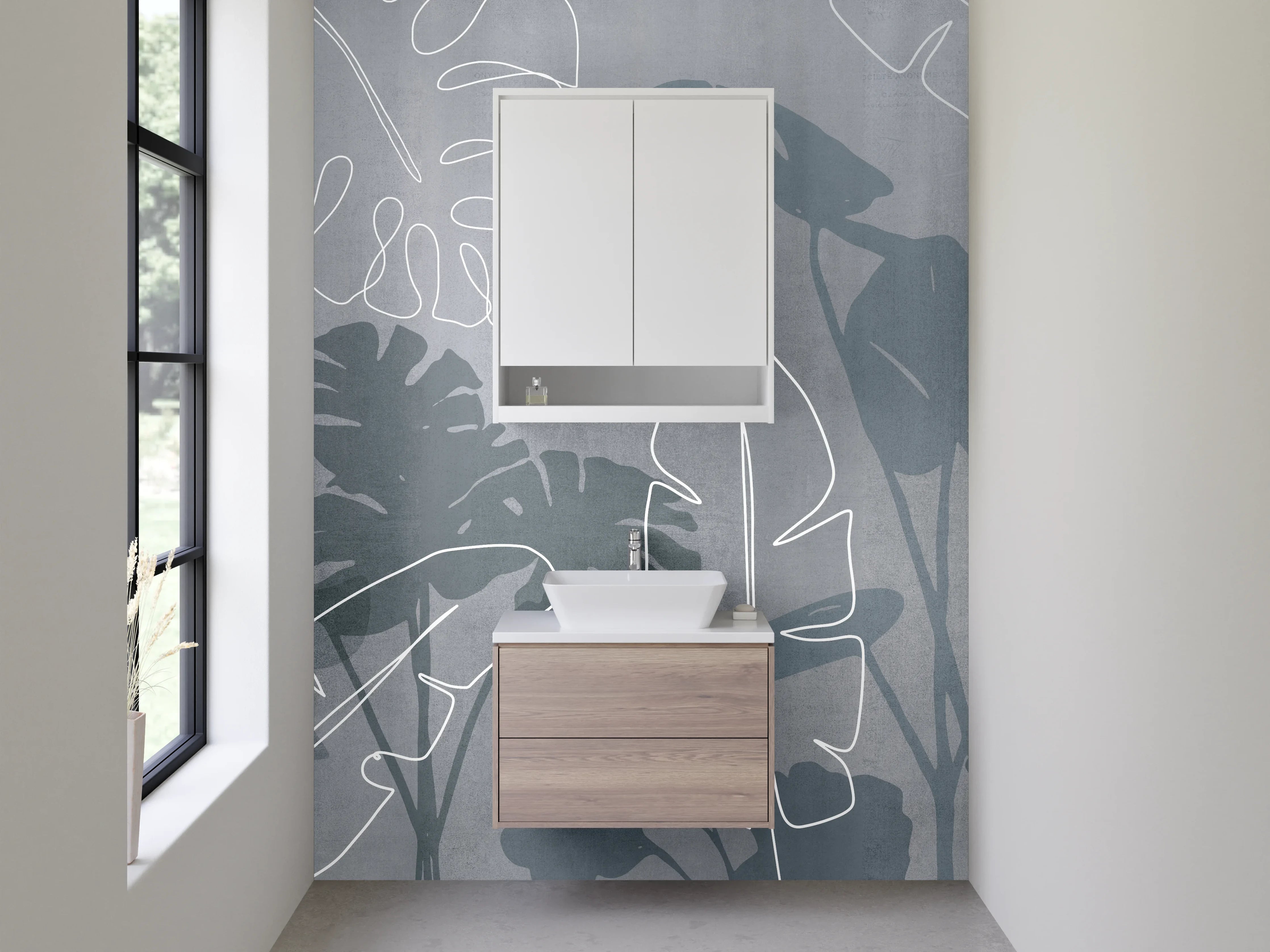 Waschbecken-Rückwand - Monstera Line Art grau weiß