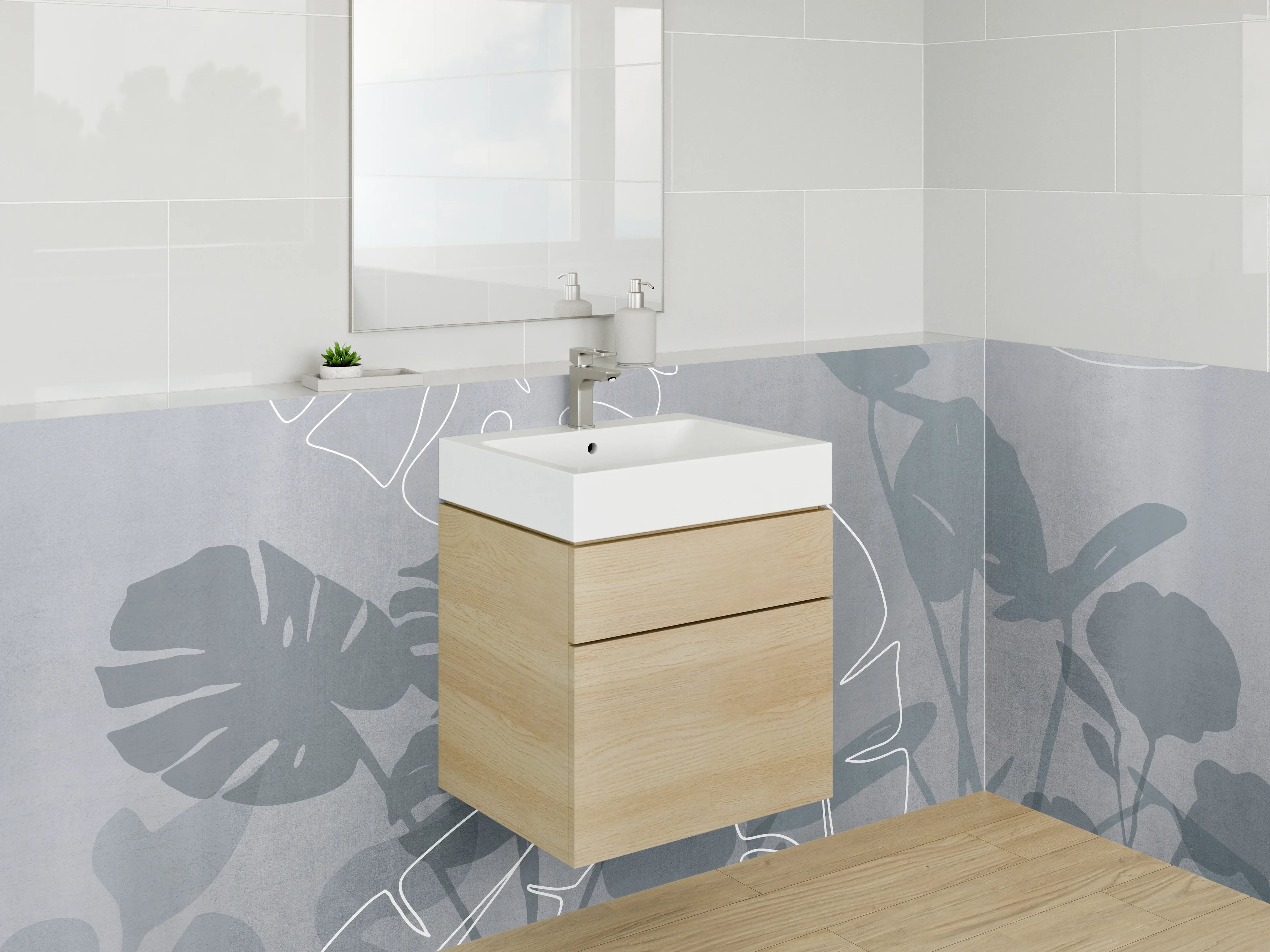 Waschbecken-Rückwand - Monstera Line Art grau weiß
