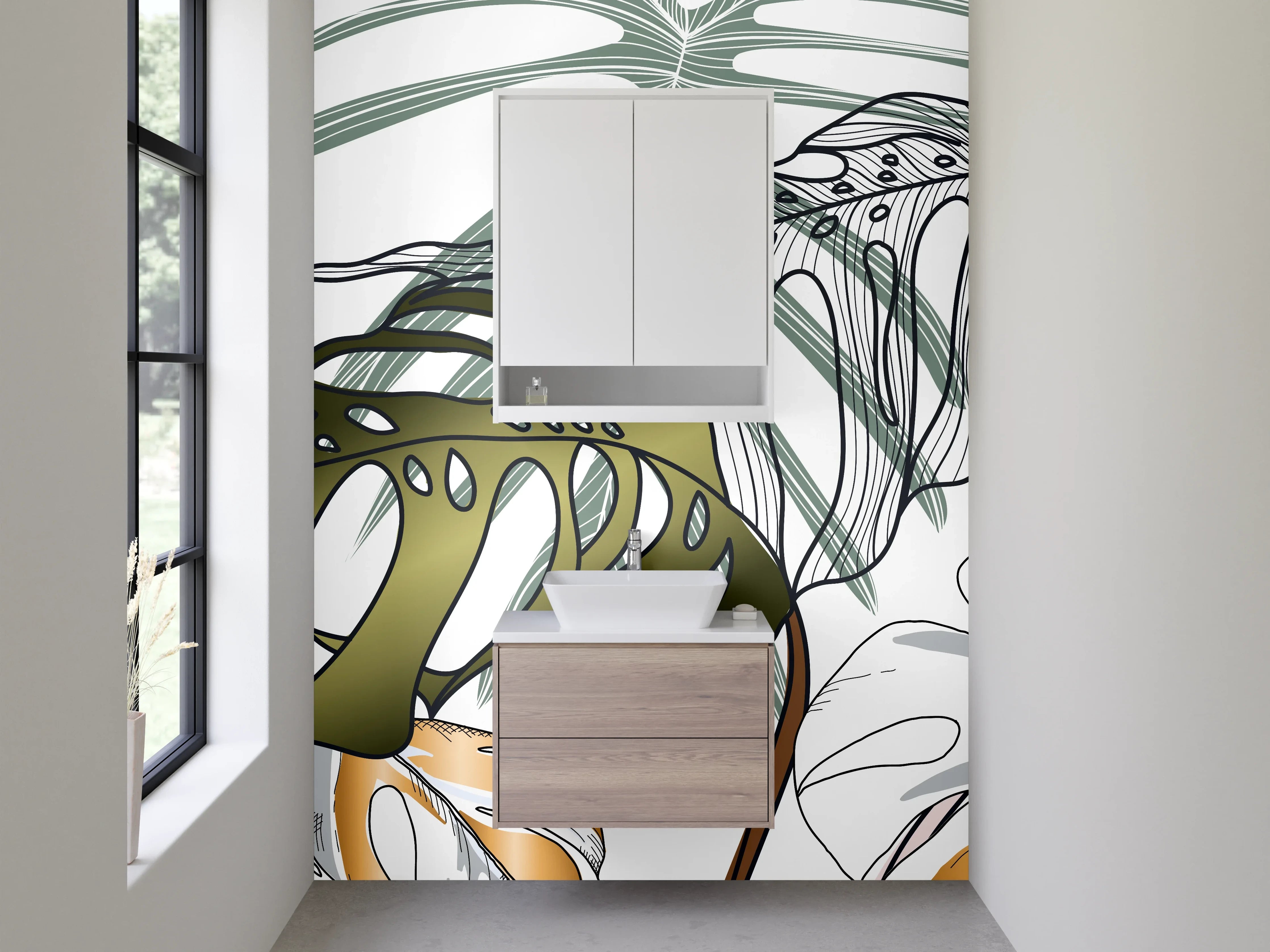 Waschbecken-Rückwand - Monstera Lineart Tropisch Illustration