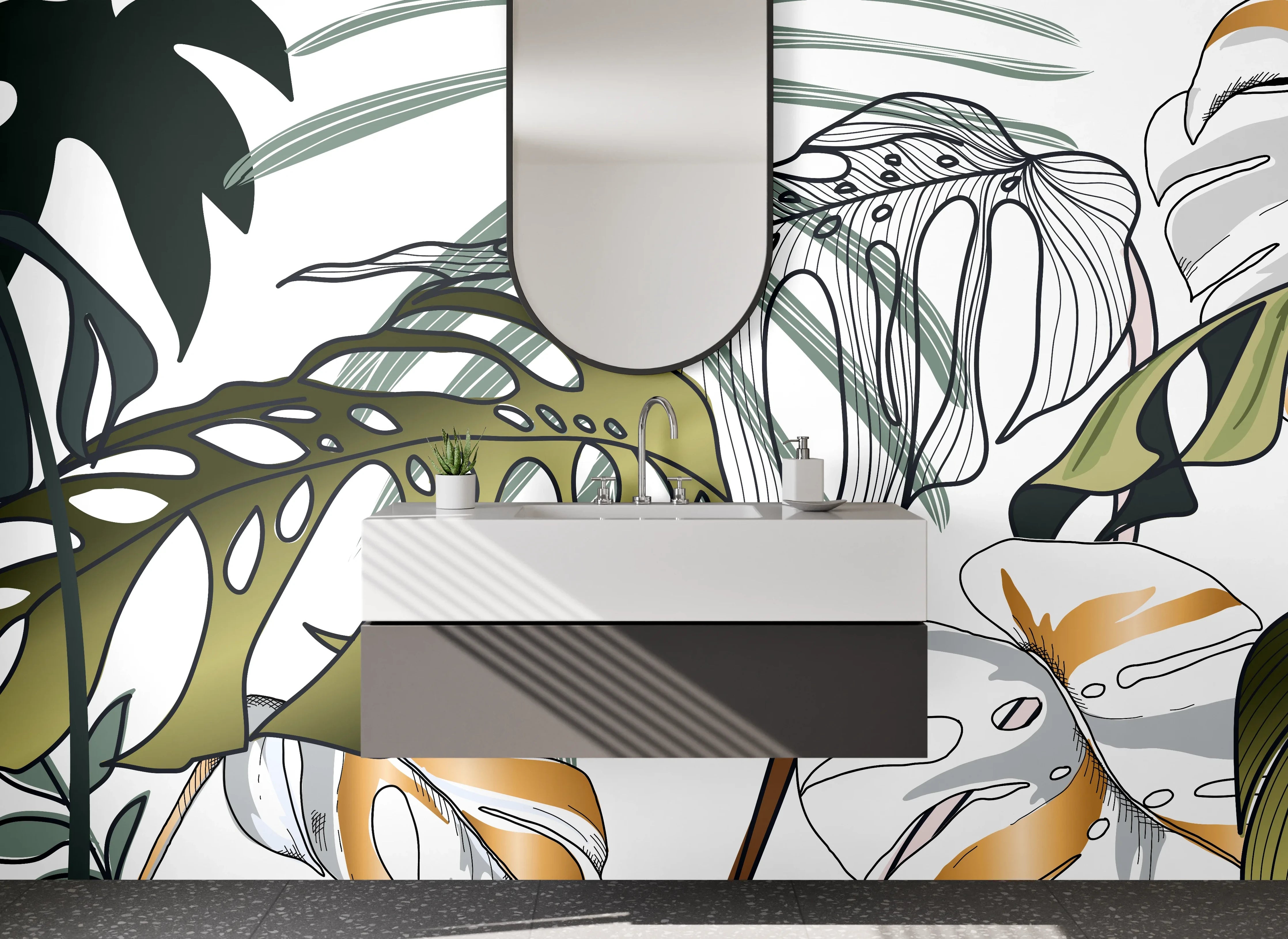 Waschbecken-Rückwand - Monstera Lineart Tropisch Illustration