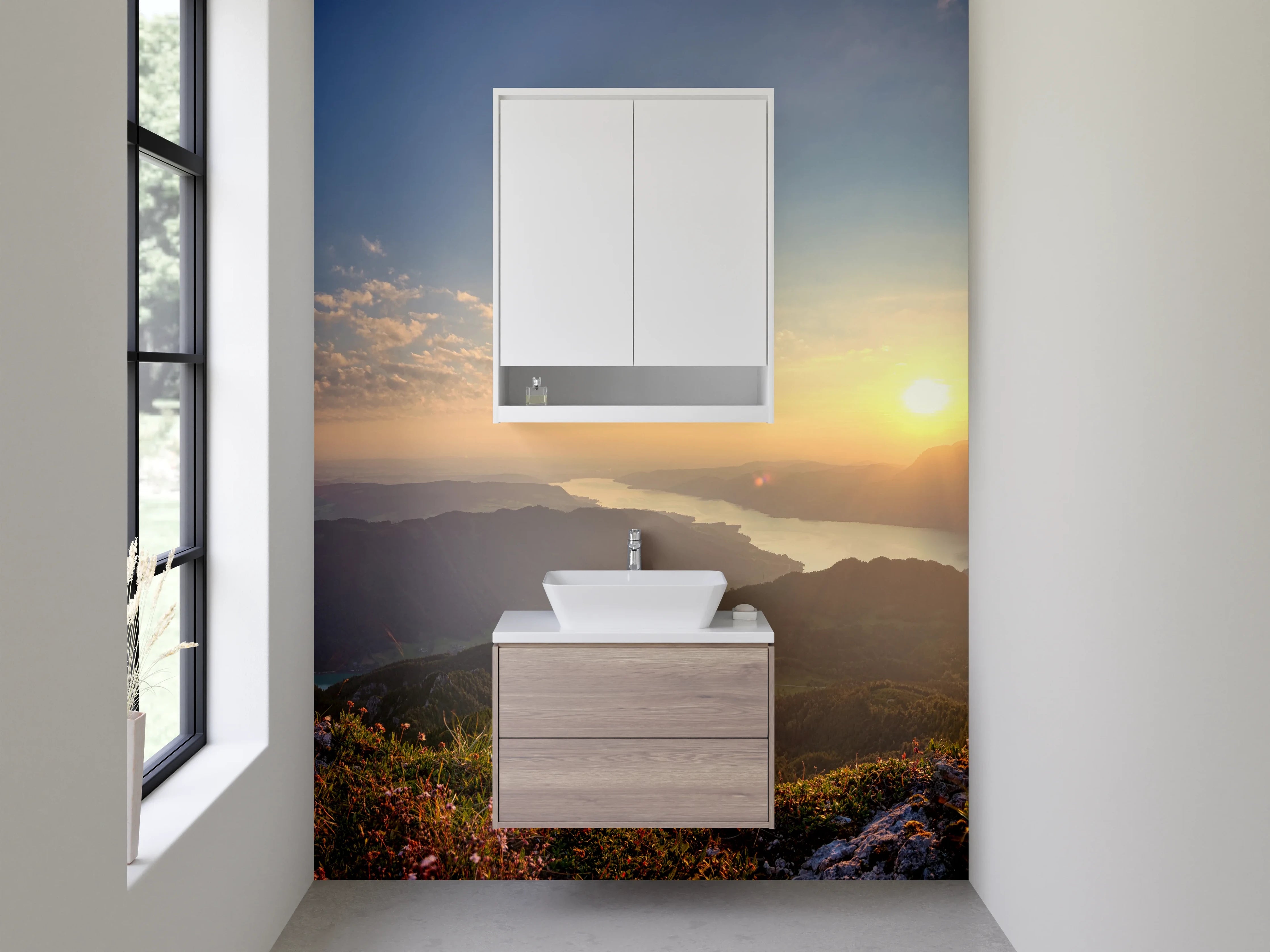 Waschbecken-Rückwand - Morgendliche Bergsilhouette in Grau