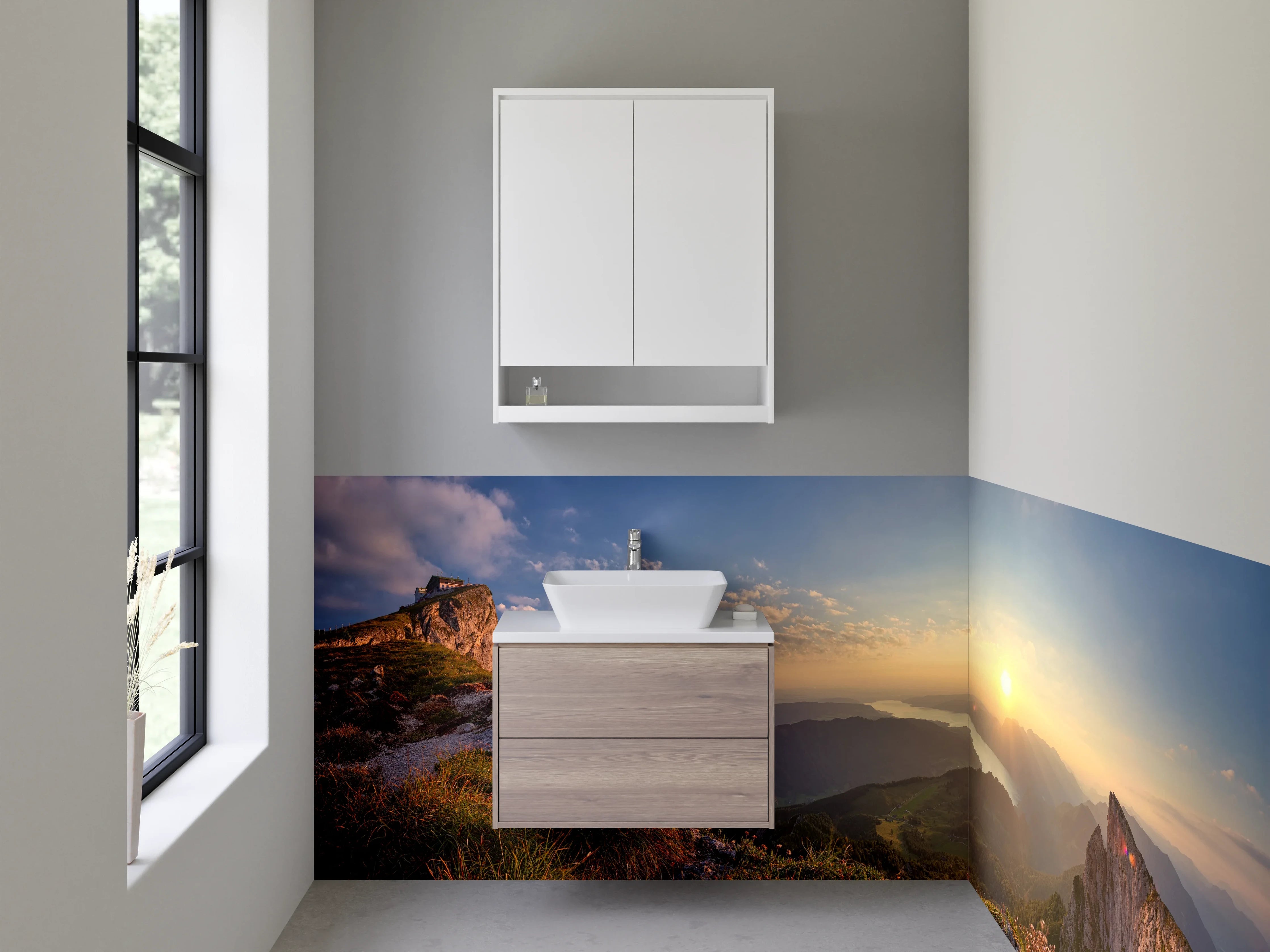 Waschbecken-Rückwand - Morgendliche Bergsilhouette in Grau