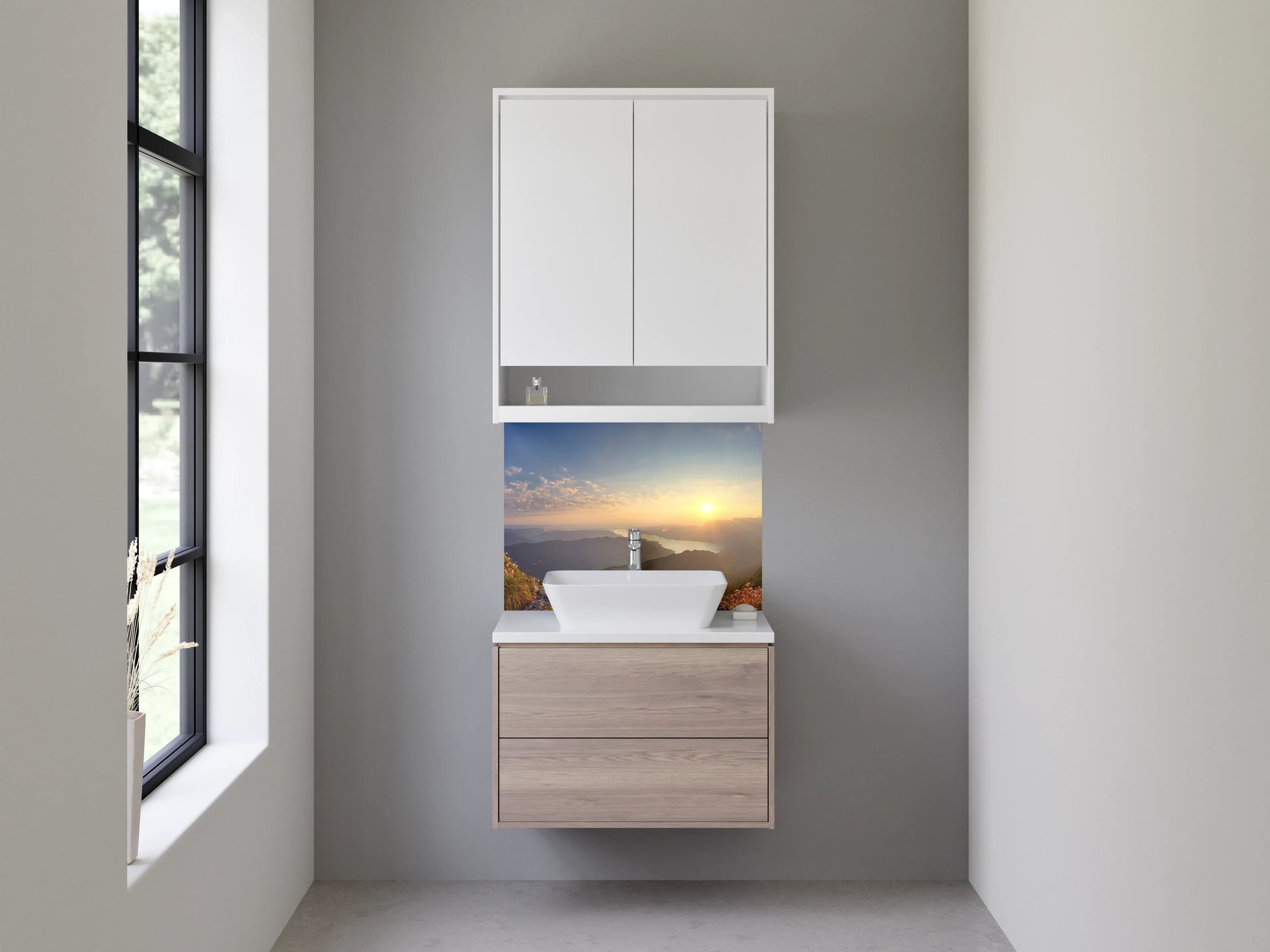 Waschbecken-Rückwand - Morgendliche Bergsilhouette in Grau