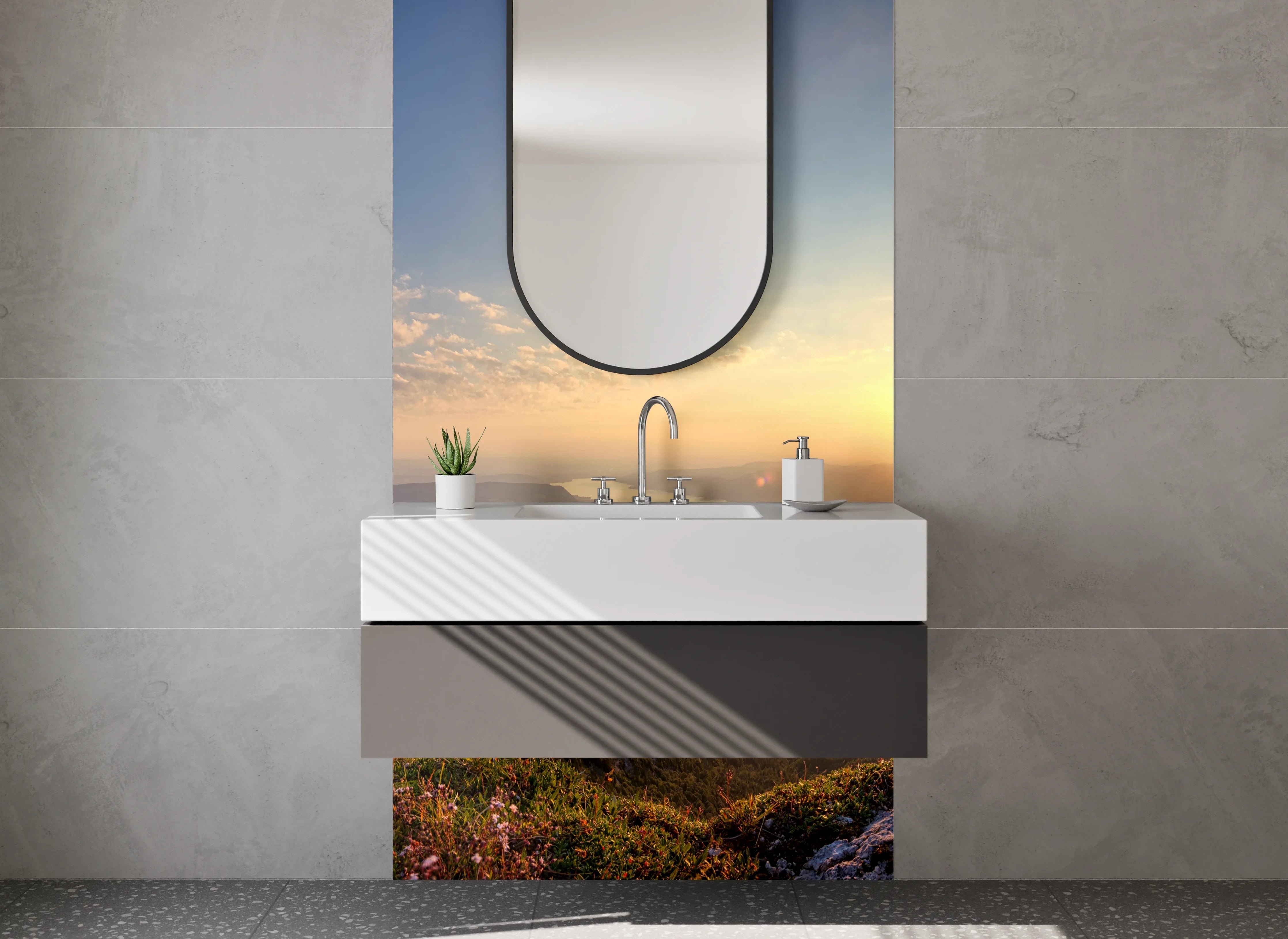 Waschbecken-Rückwand - Morgendliche Bergsilhouette in Grau