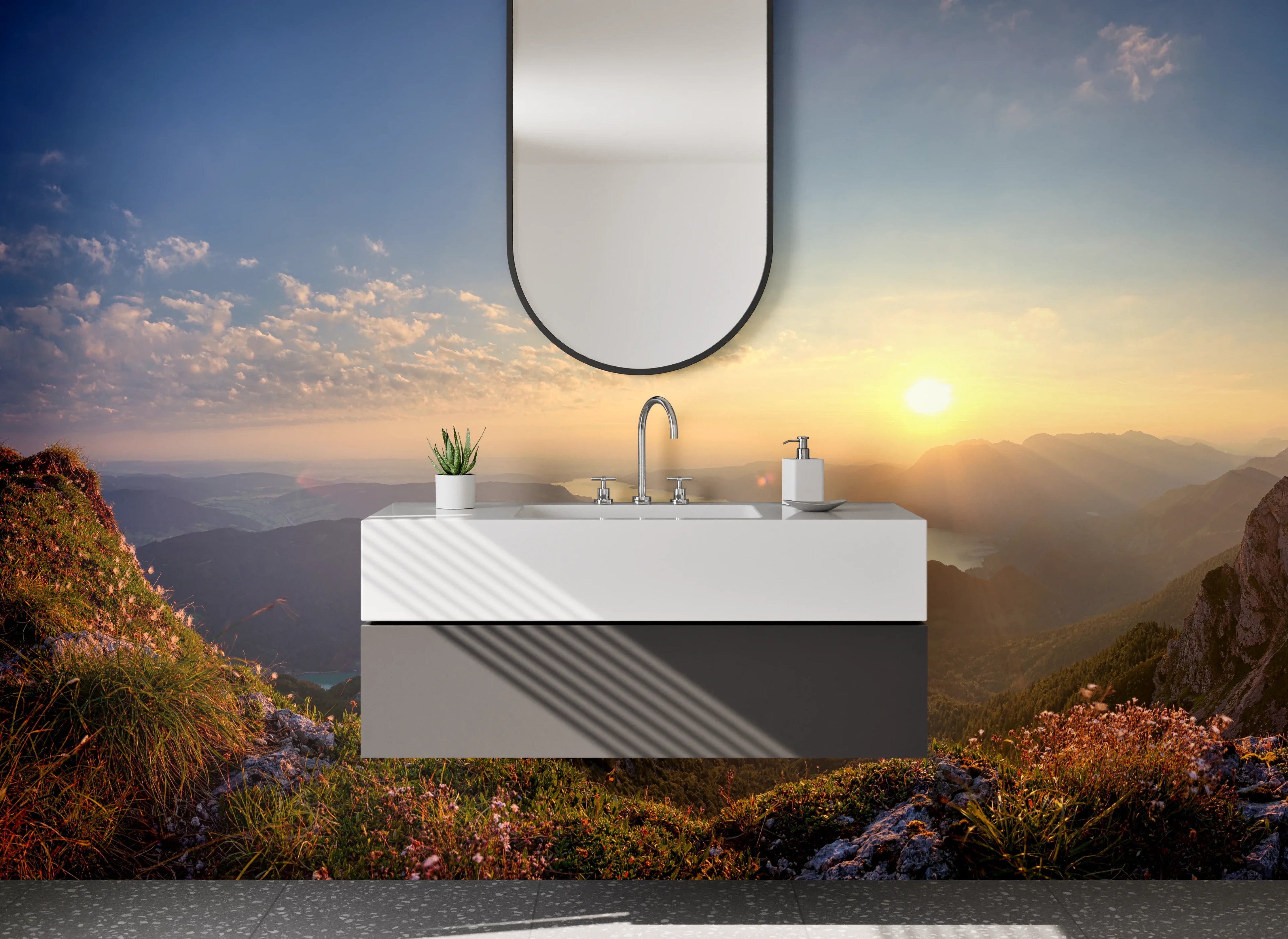 Waschbecken-Rückwand - Morgendliche Bergsilhouette in Grau