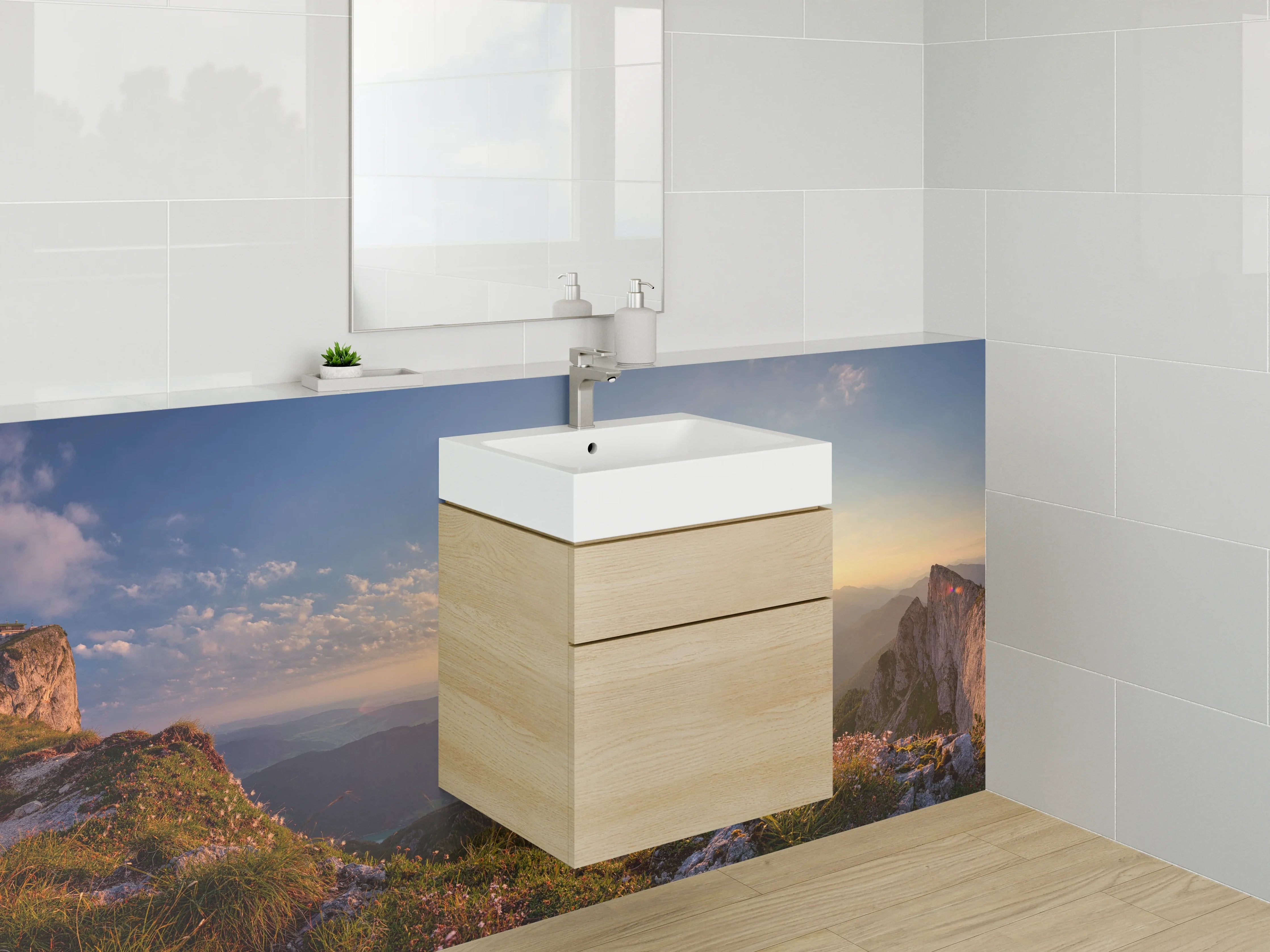 Waschbecken-Rückwand - Morgendliche Bergsilhouette in Grau