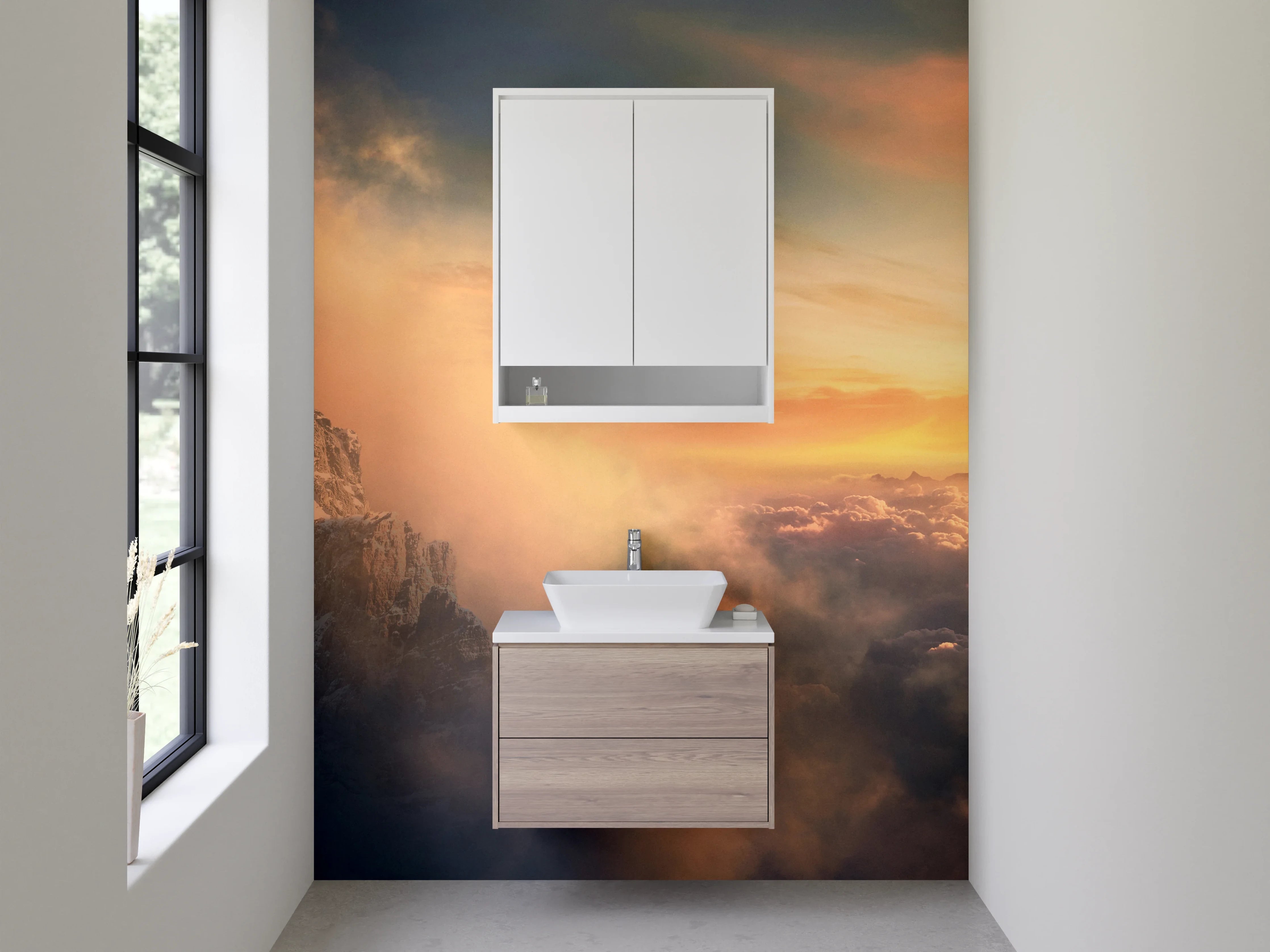 Waschbecken-Rückwand - Morgenlicht auf grauen Gipfeln