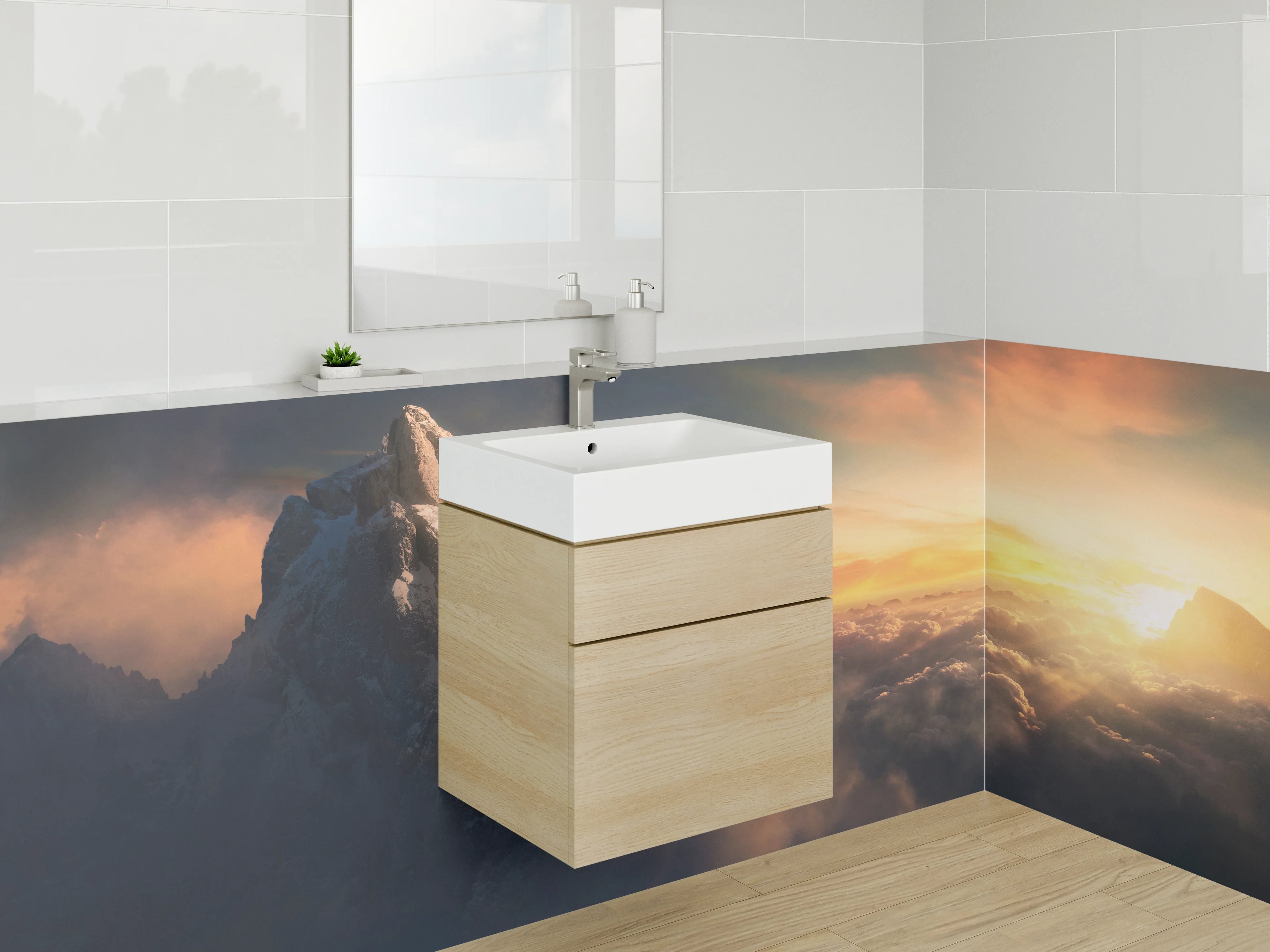 Waschbecken-Rückwand - Morgenlicht auf grauen Gipfeln