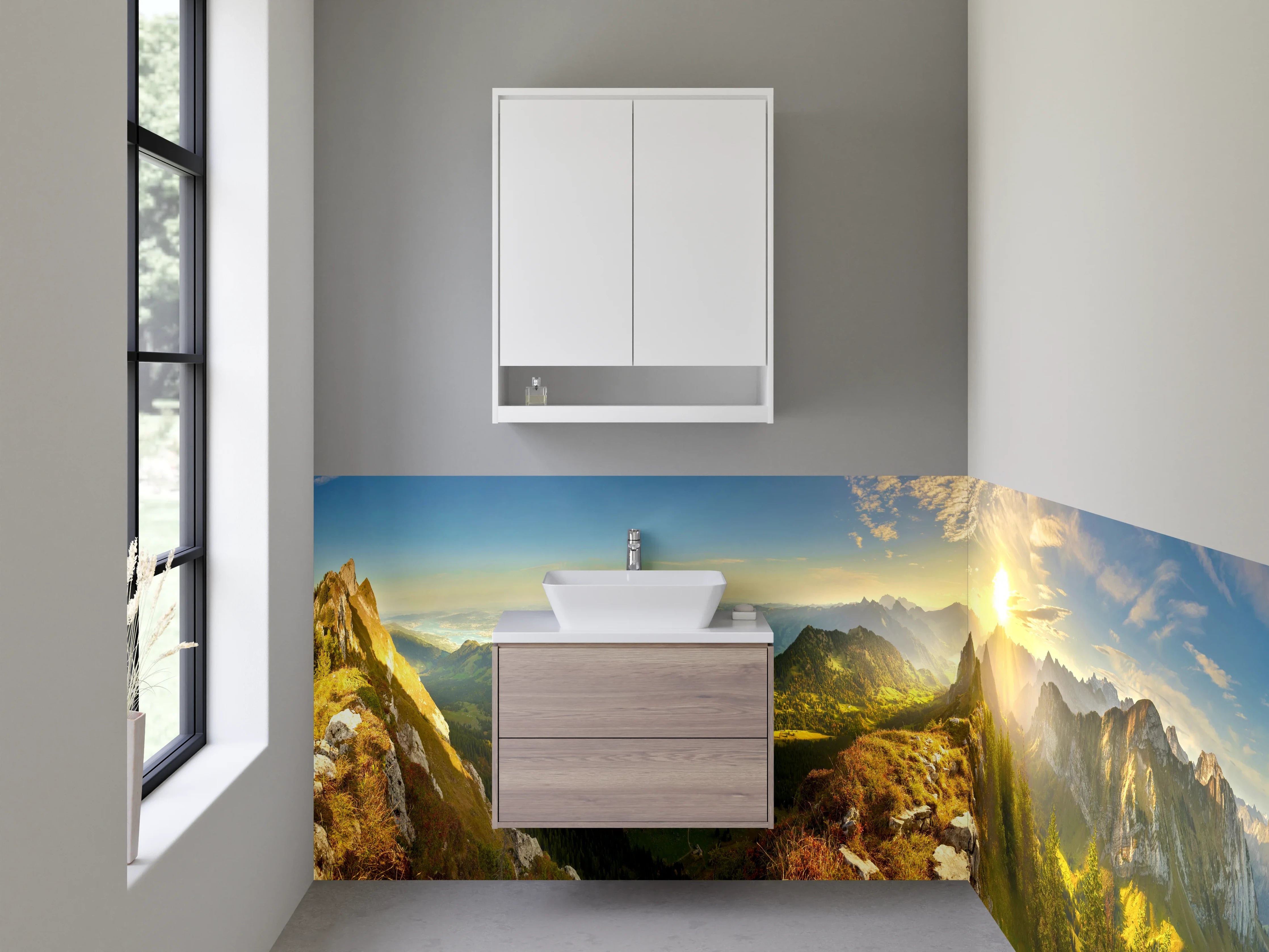 Waschbecken-Rückwand - Morgenlicht über schroffen Gipfeln