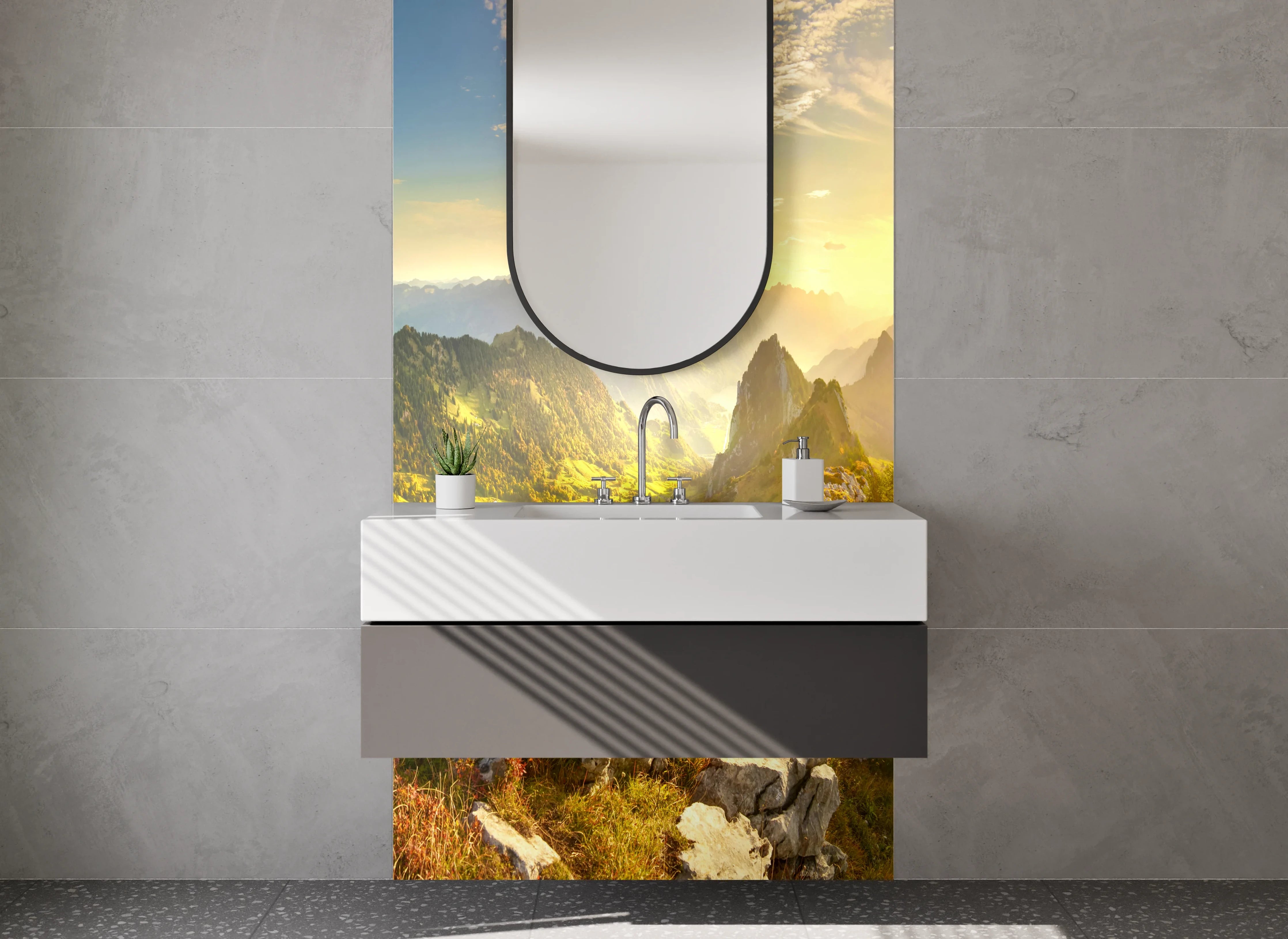 Waschbecken-Rückwand - Morgenlicht über schroffen Gipfeln