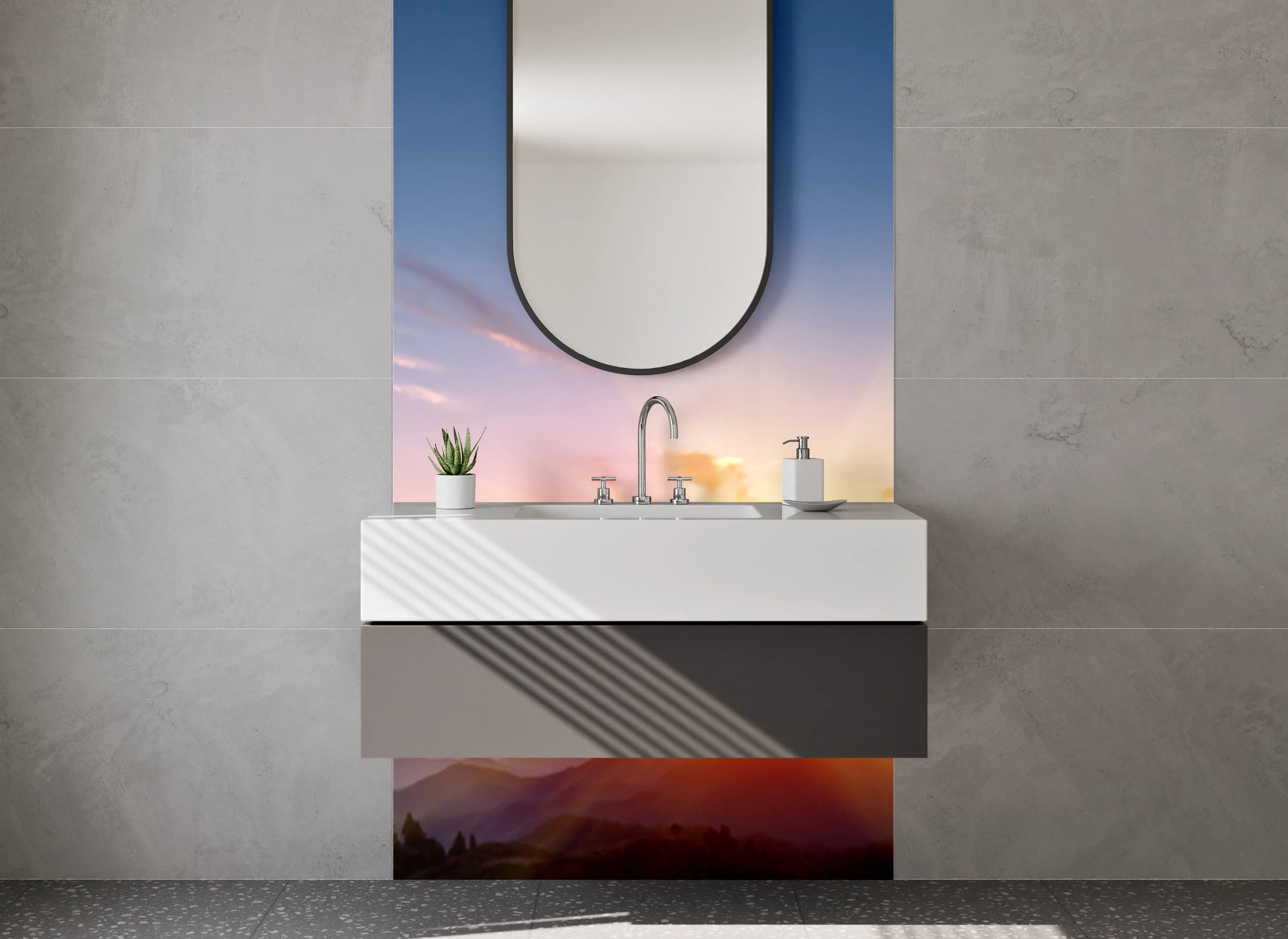 Waschbecken-Rückwand - Morgenlicht zwischen Grau und Weiß