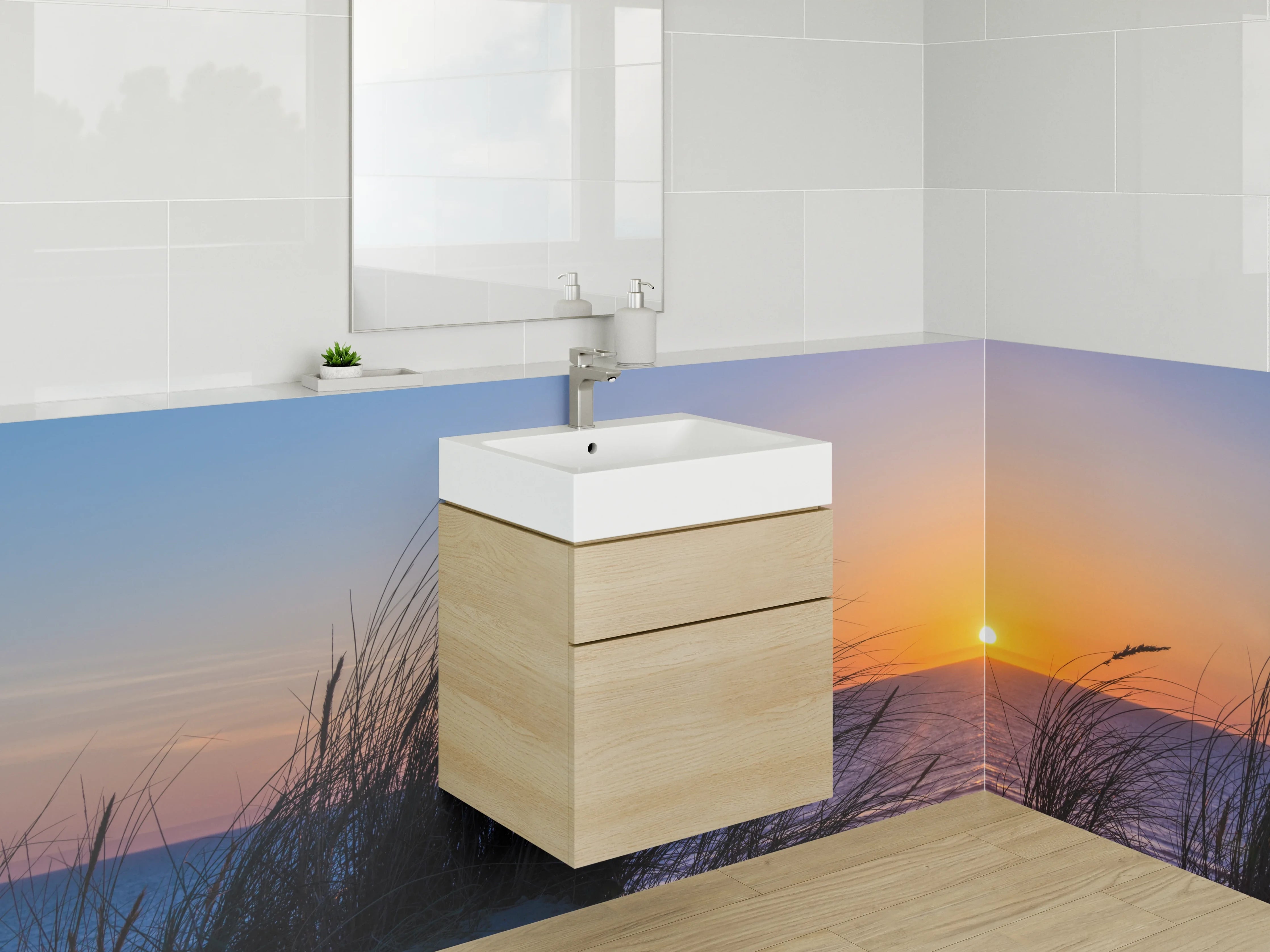 Waschbecken-Rückwand - Morgenröte am grauen Strand