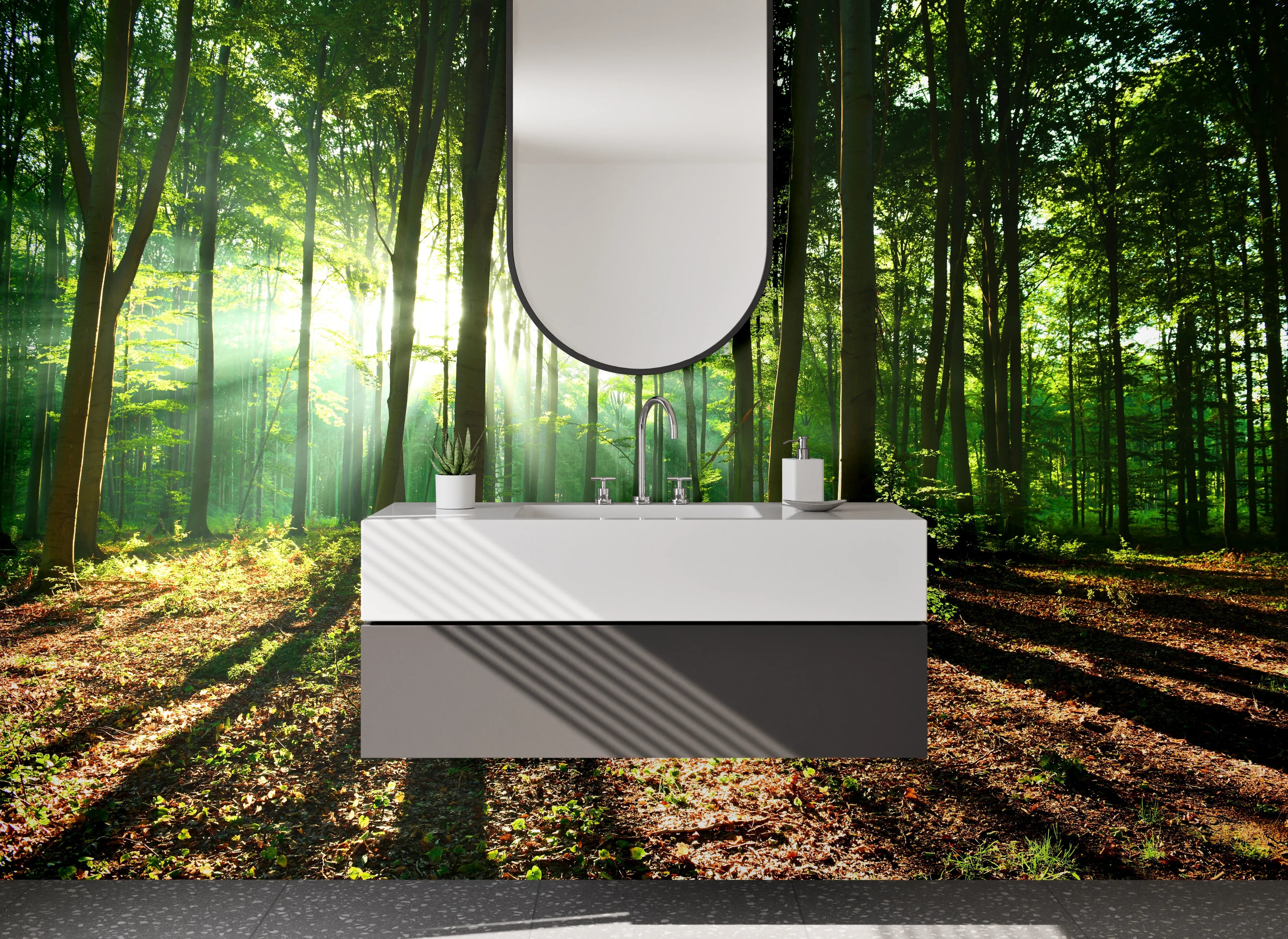 Waschbecken-Rückwand - Morgensonne im grünen Wald