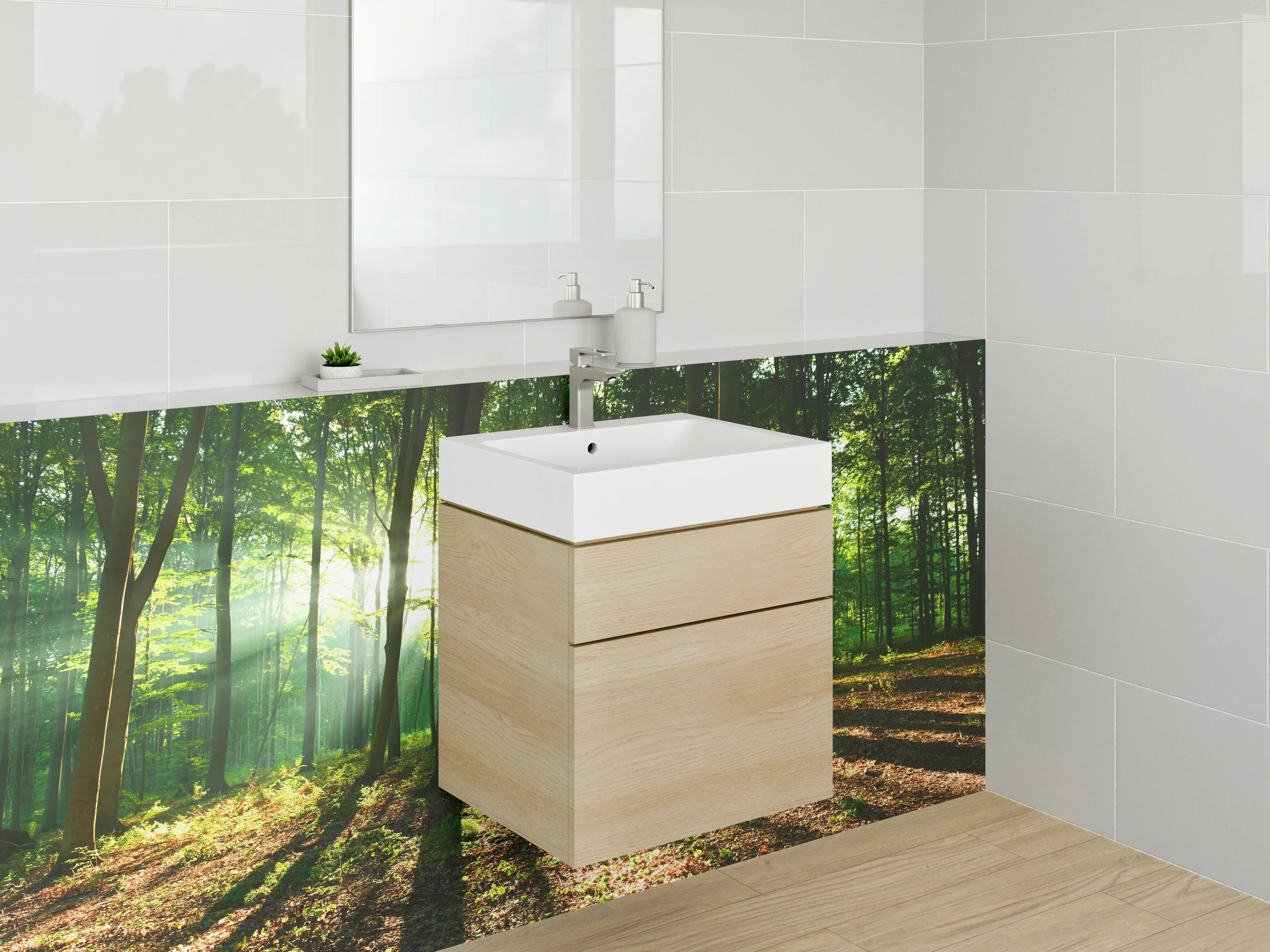 Waschbecken-Rückwand - Morgensonne im grünen Wald