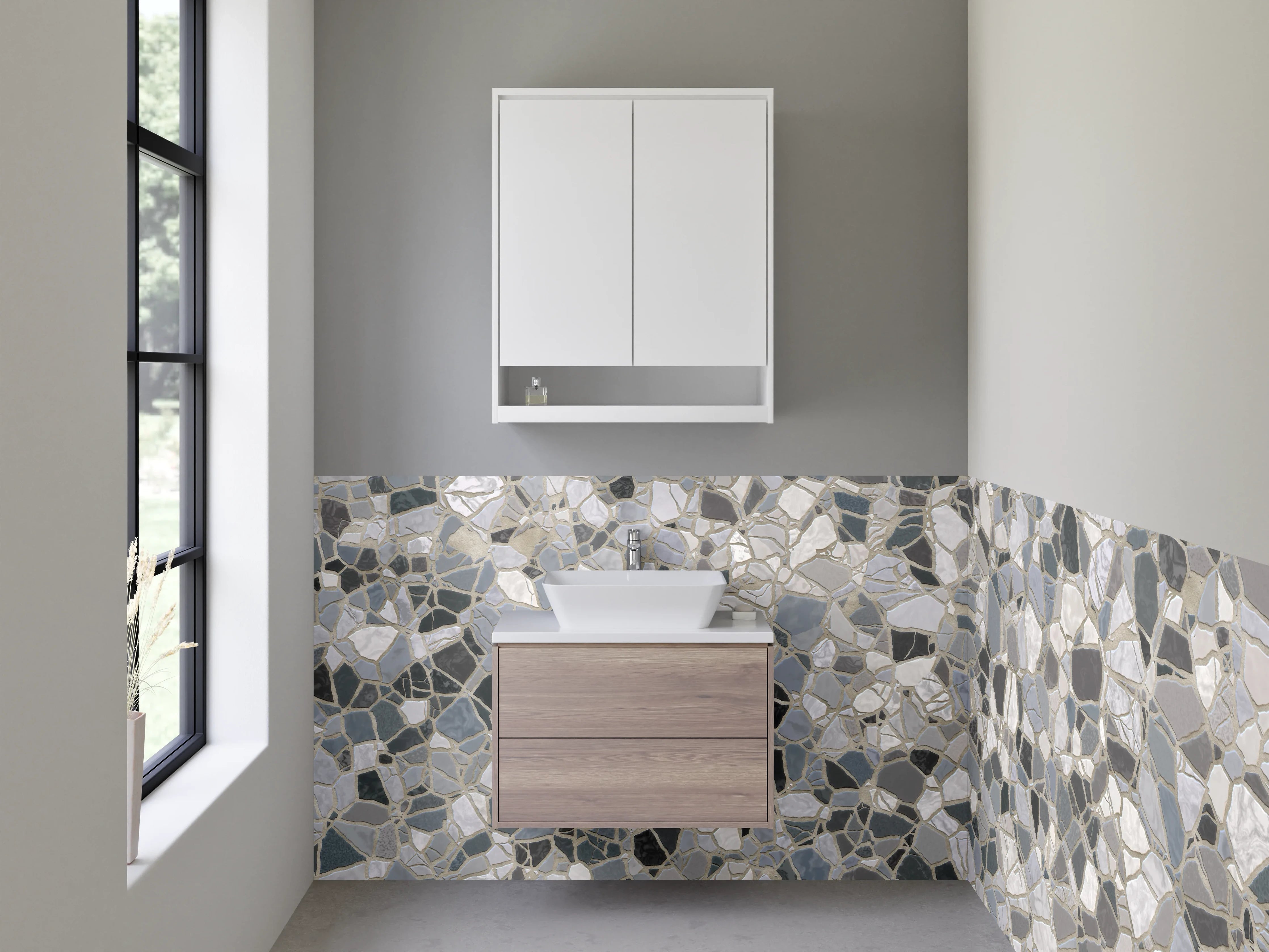 Waschbecken-Rückwand - Mosaik-Fliesen in Weiß-Grau-Schwarz