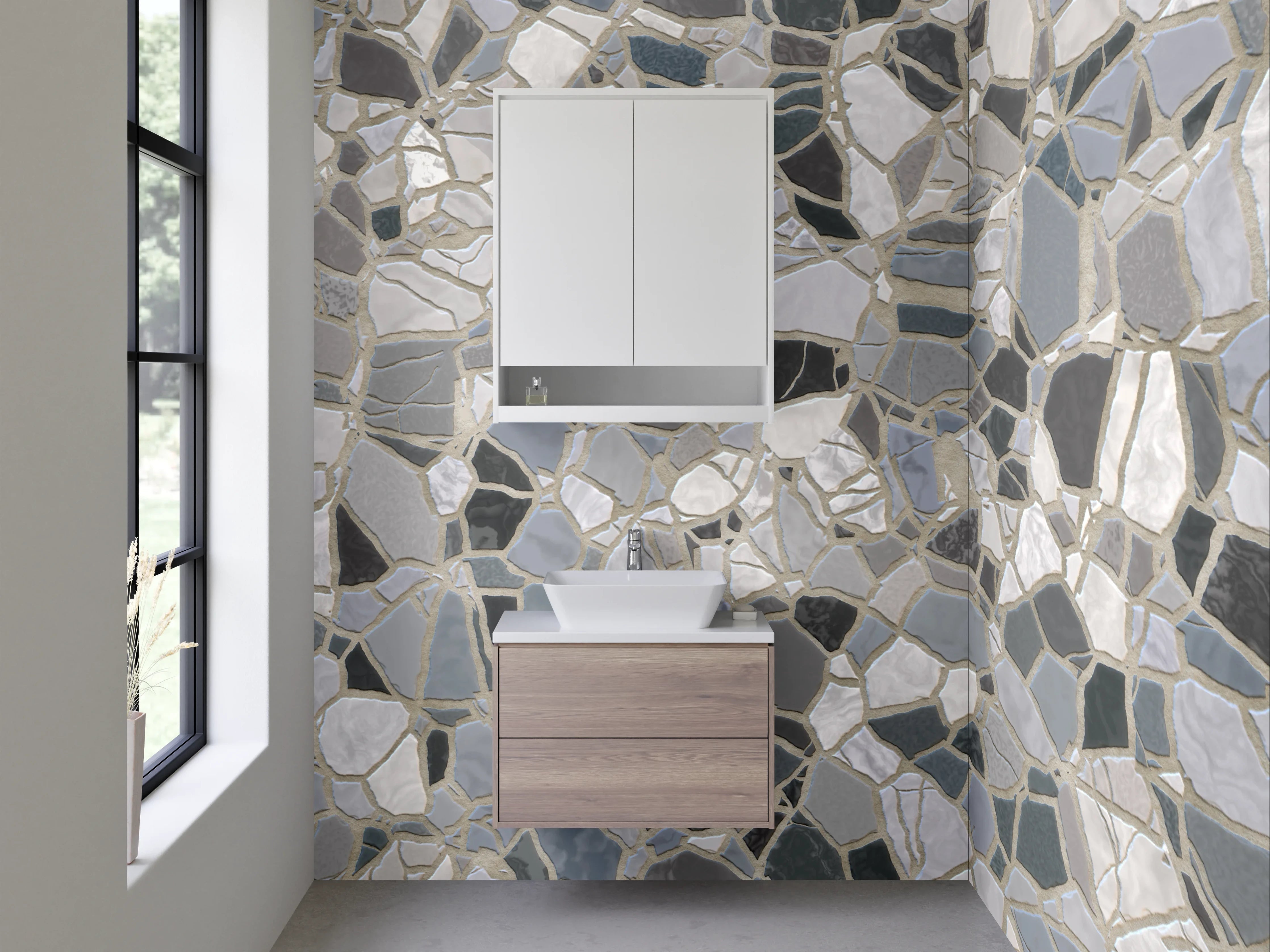 Waschbecken-Rückwand - Mosaik-Fliesen in Weiß-Grau-Schwarz