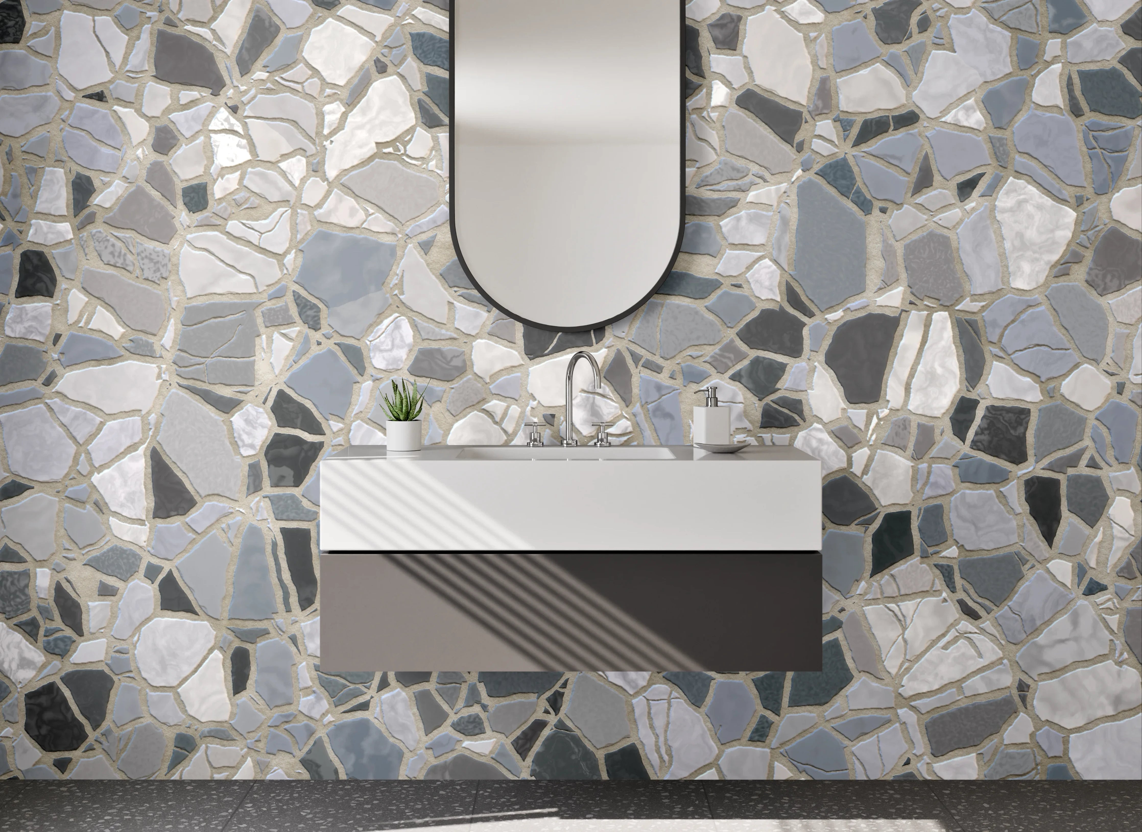 Waschbecken-Rückwand - Mosaik-Fliesen in Weiß-Grau-Schwarz