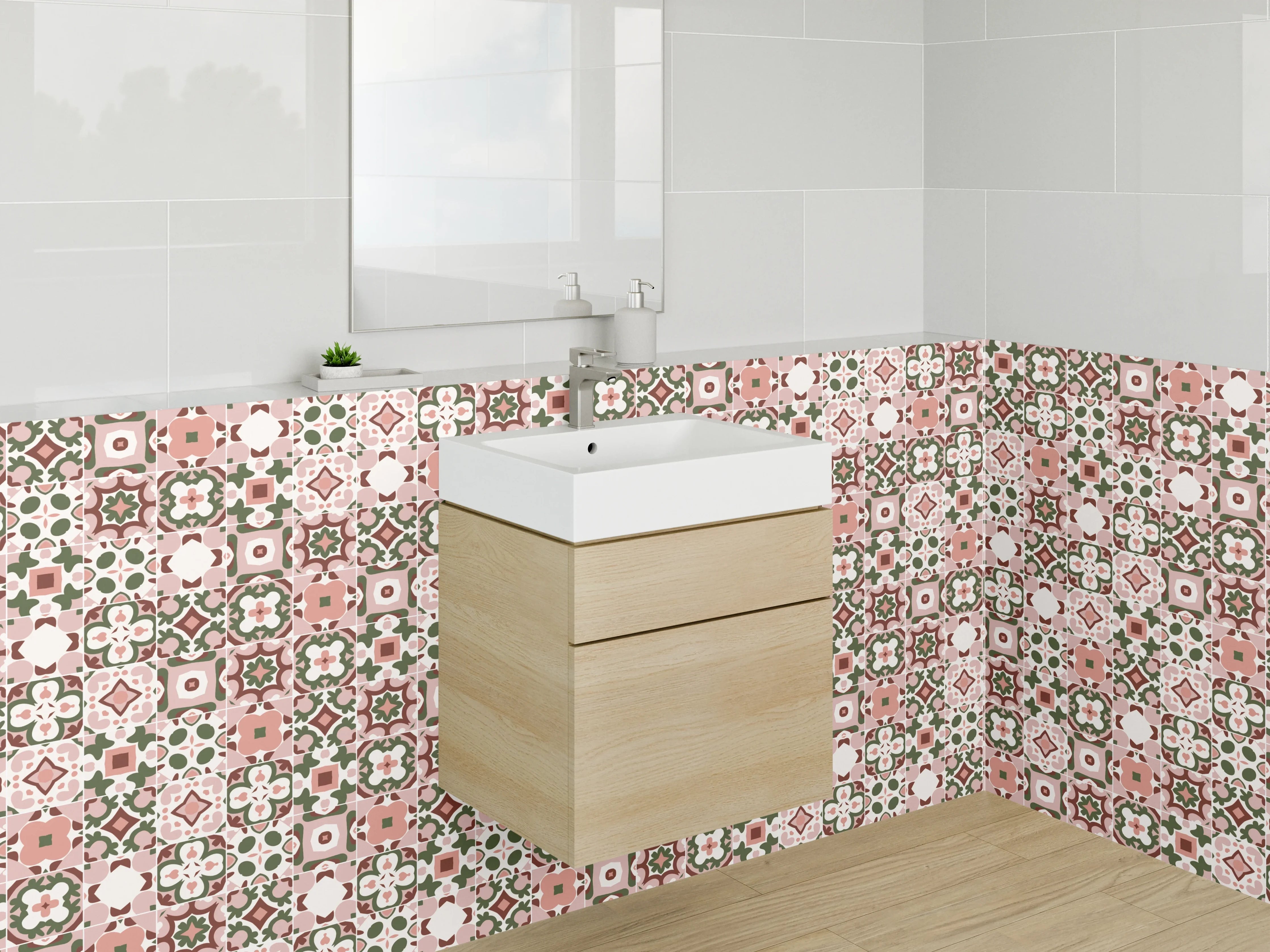 Waschbecken-Rückwand - Mosaikzauber in Rosé, Mint & Grau