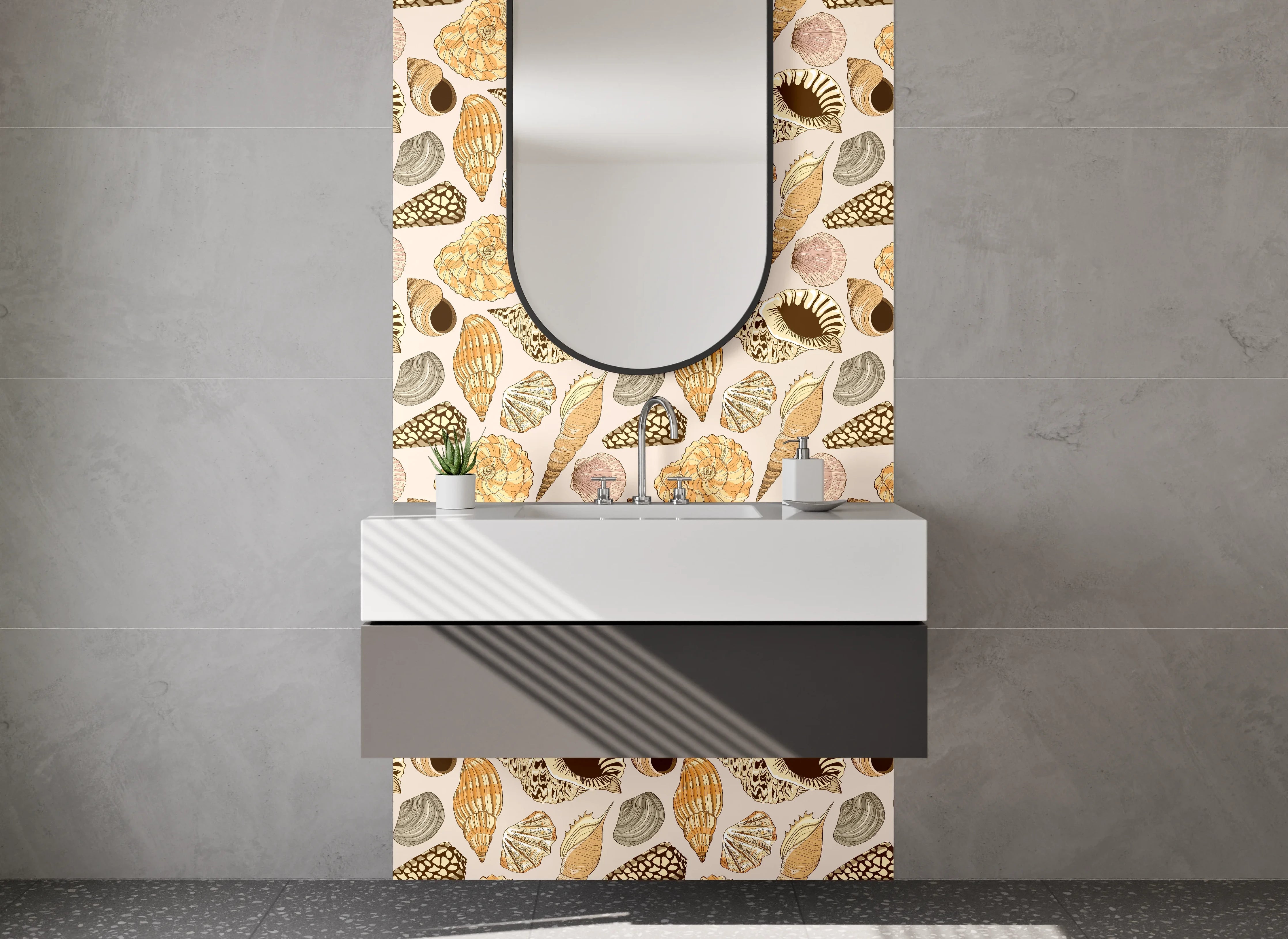 Waschbecken-Rückwand - Muscheln Vintage Muster Beige Braun