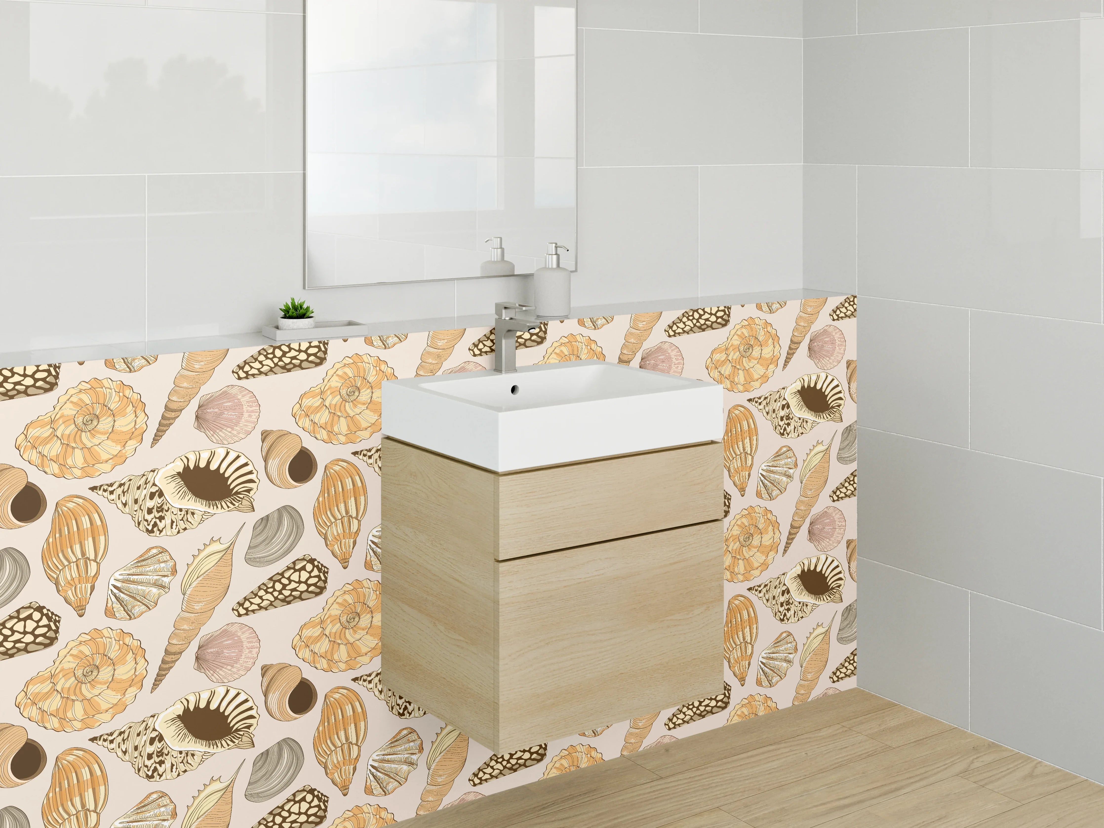 Waschbecken-Rückwand - Muscheln Vintage Muster Beige Braun